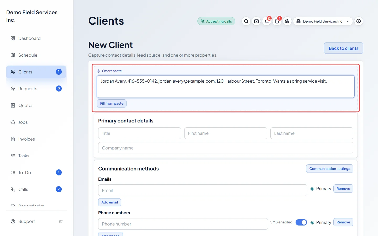 The Smart paste box at the top of the new client form