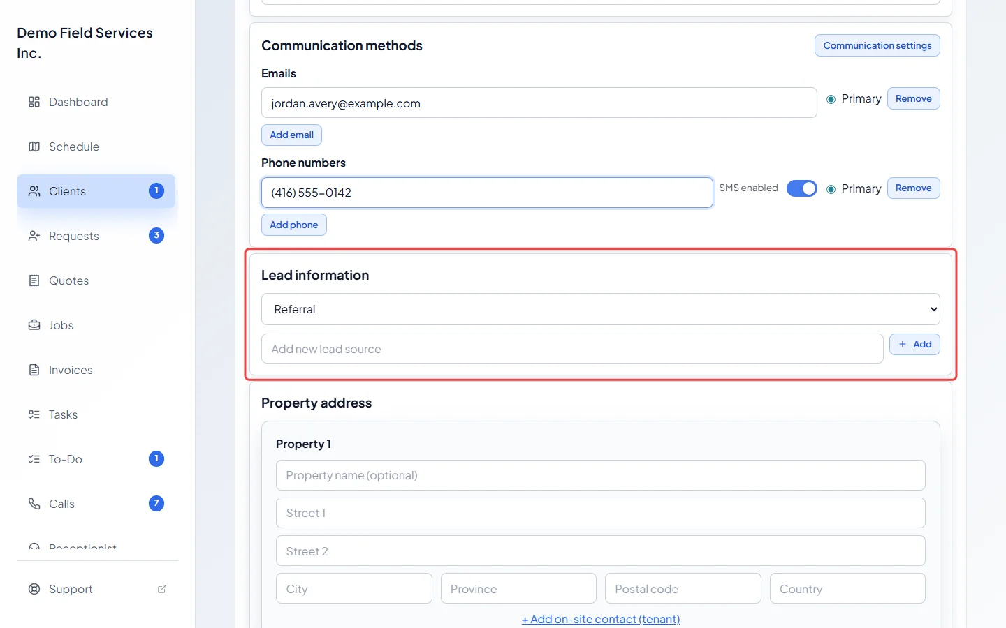 The Lead information section with a lead source chosen