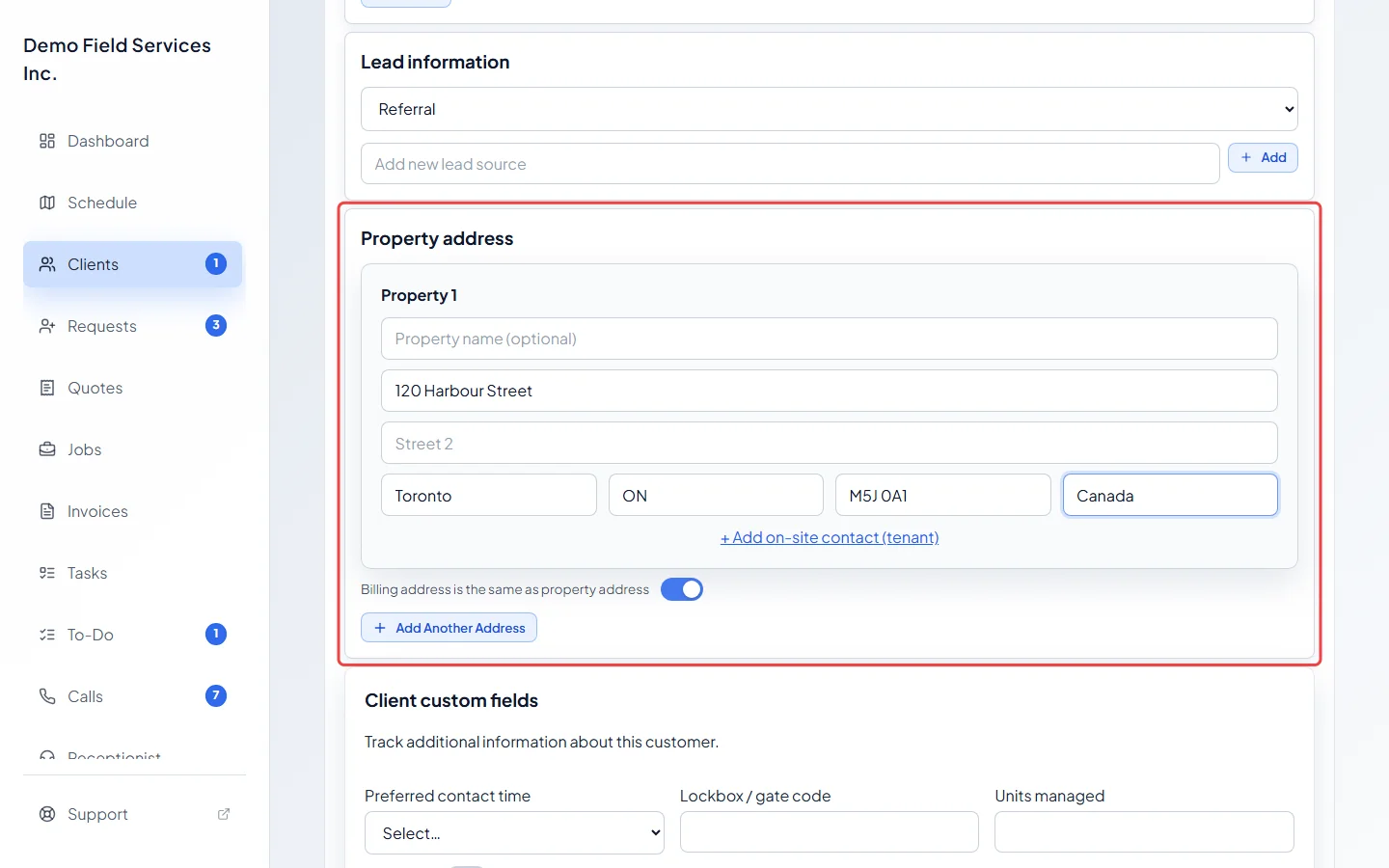 The Property address section with an address filled in