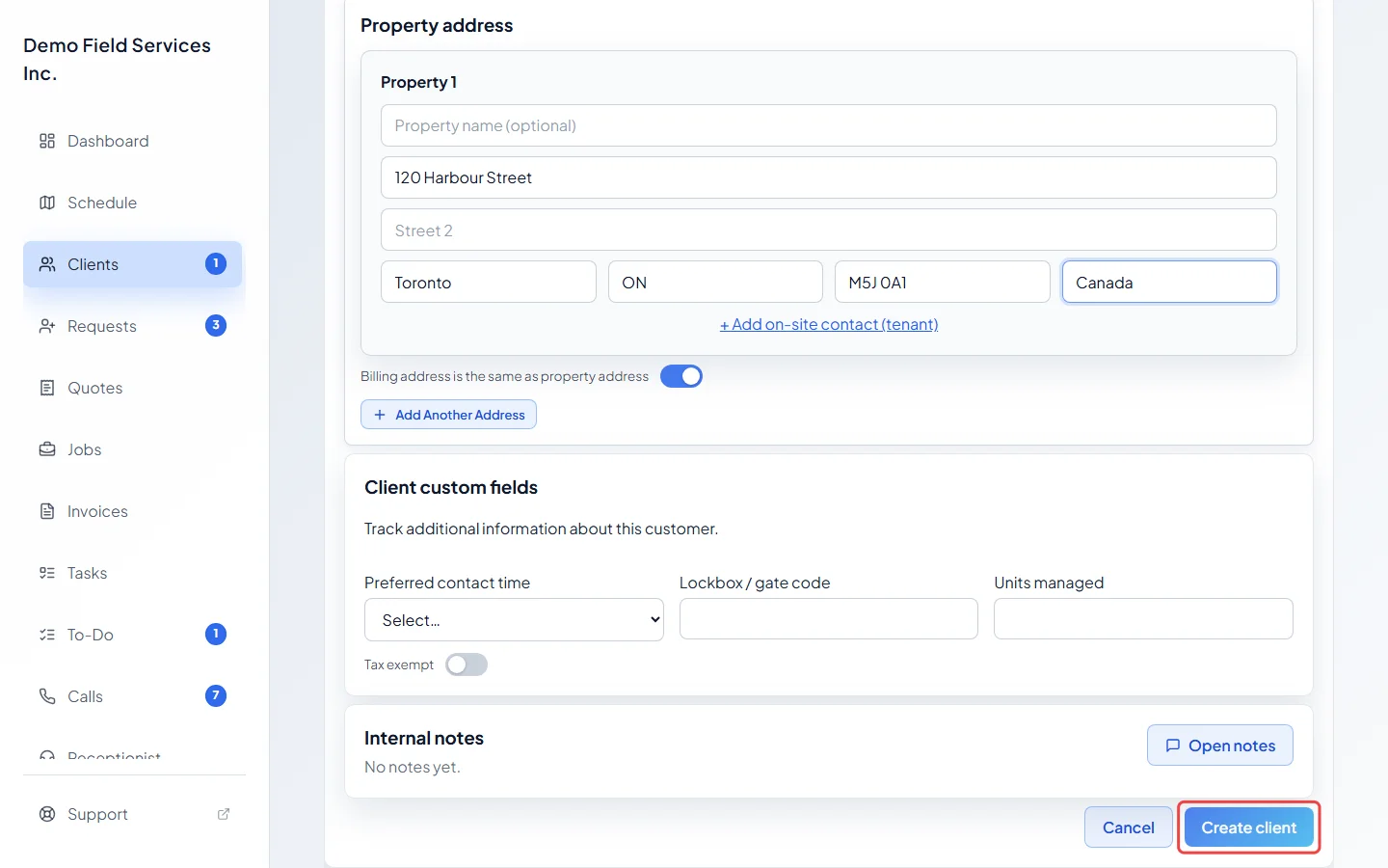 The Create client button at the bottom of the form