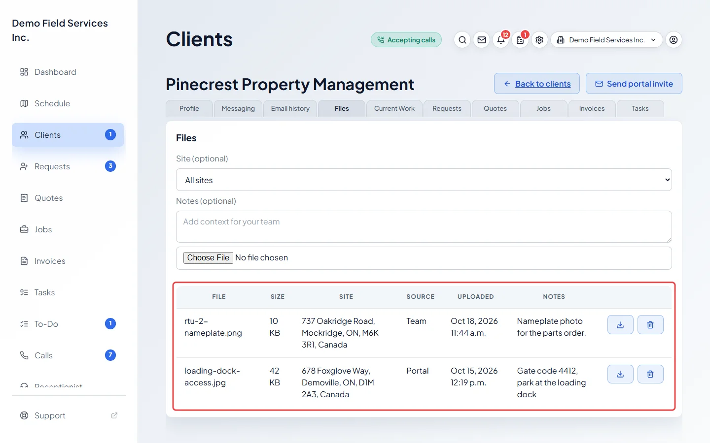 The Files tab listing a client's files