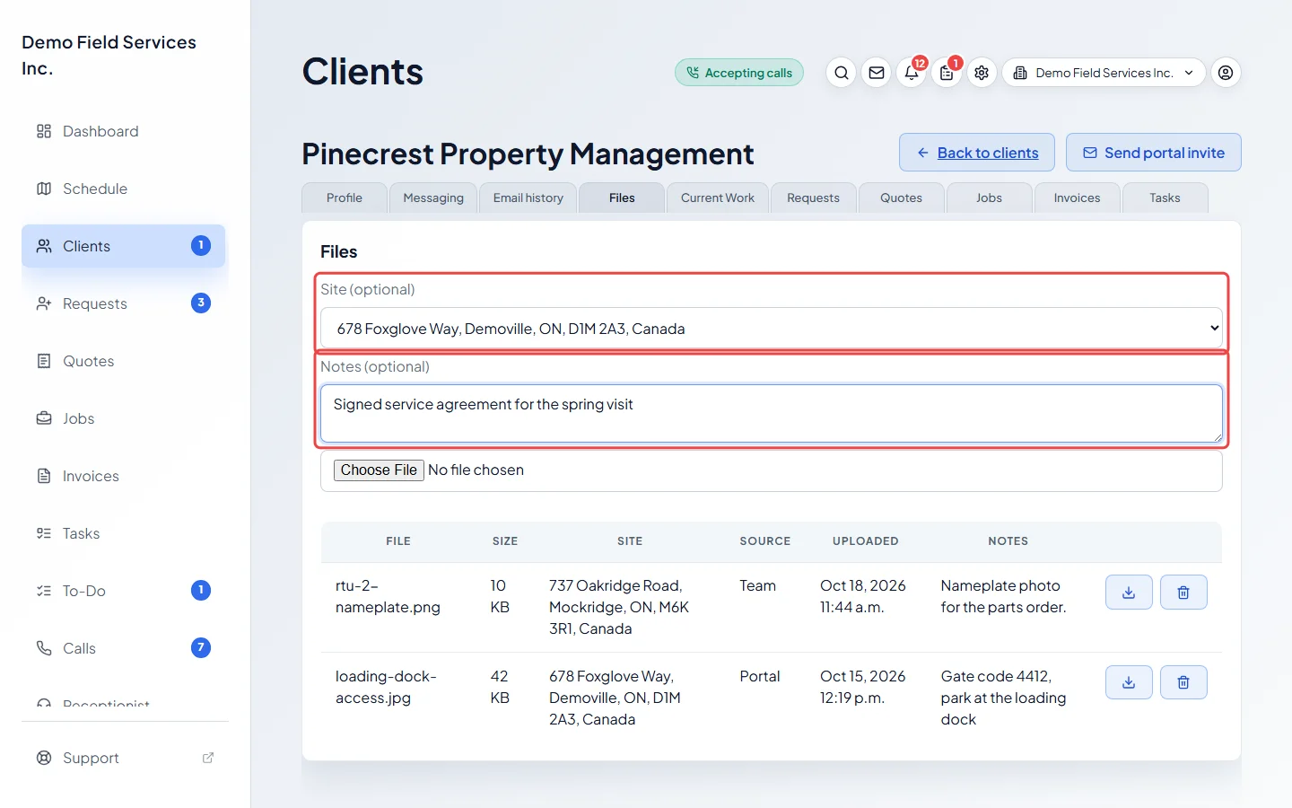 The Site and Notes boxes above the file picker
