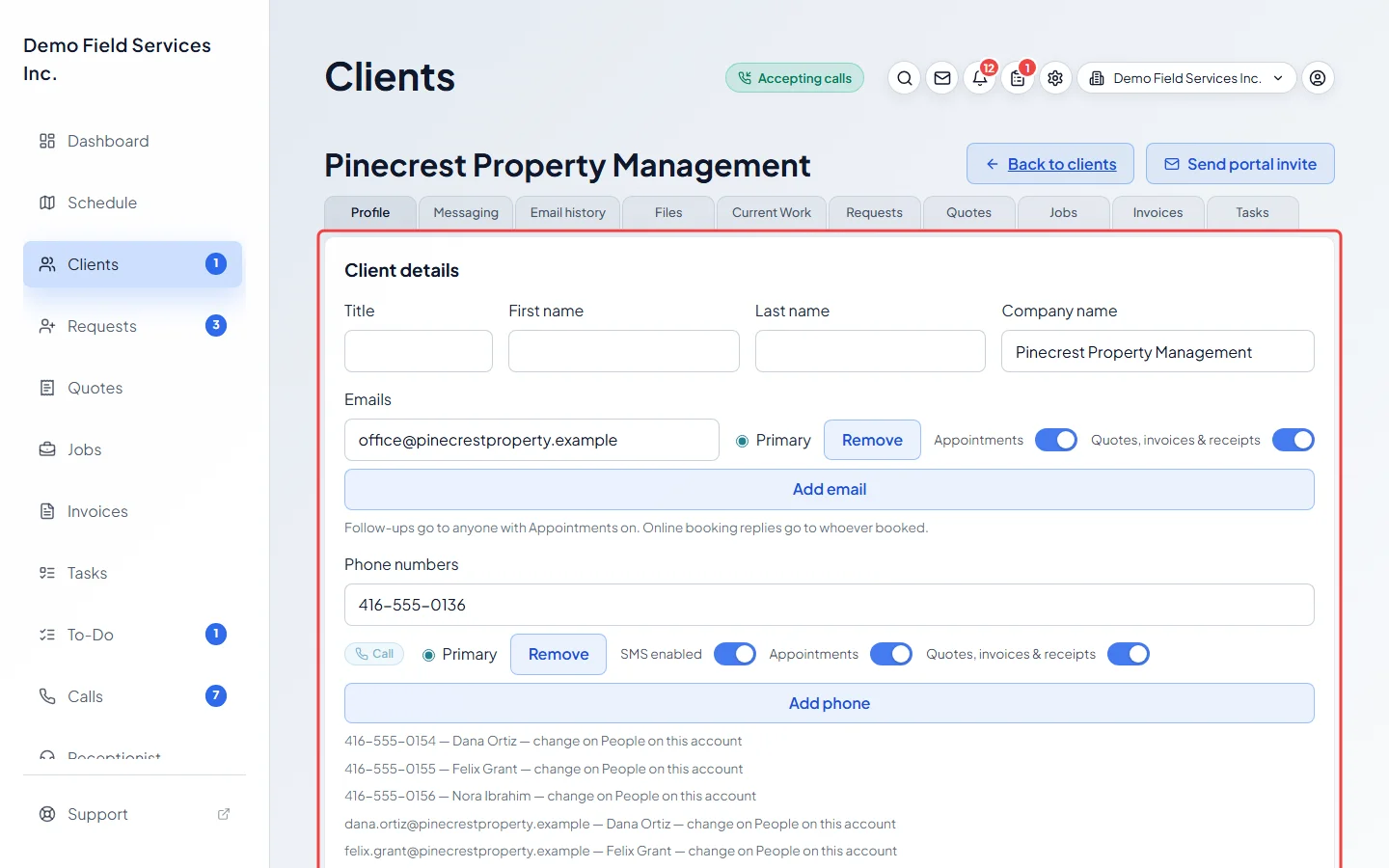 The Client details card on a client's Profile tab