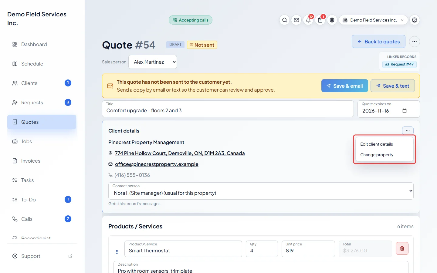 The client card menu on a quote with Edit client details