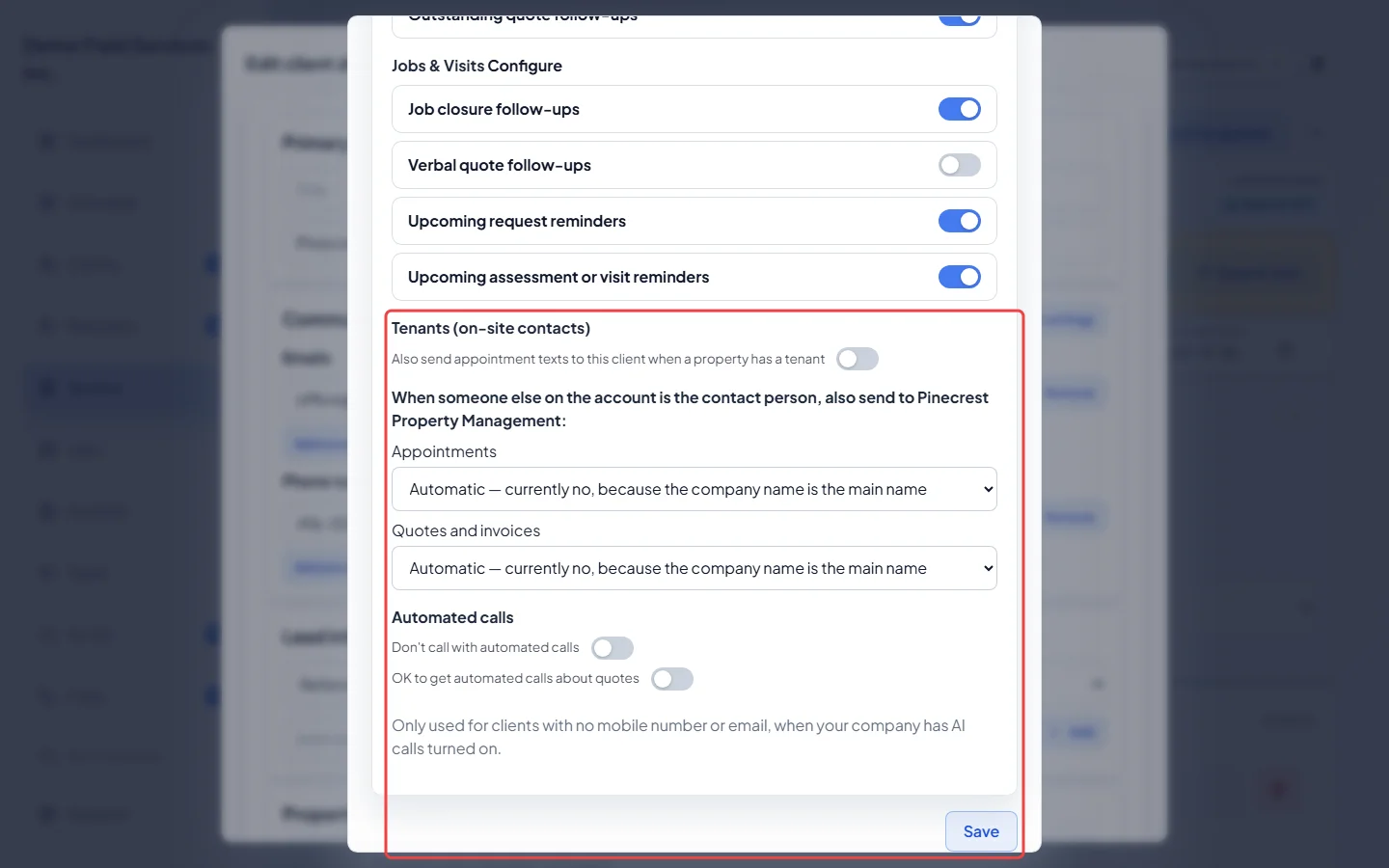 The Communication Settings window with message switches