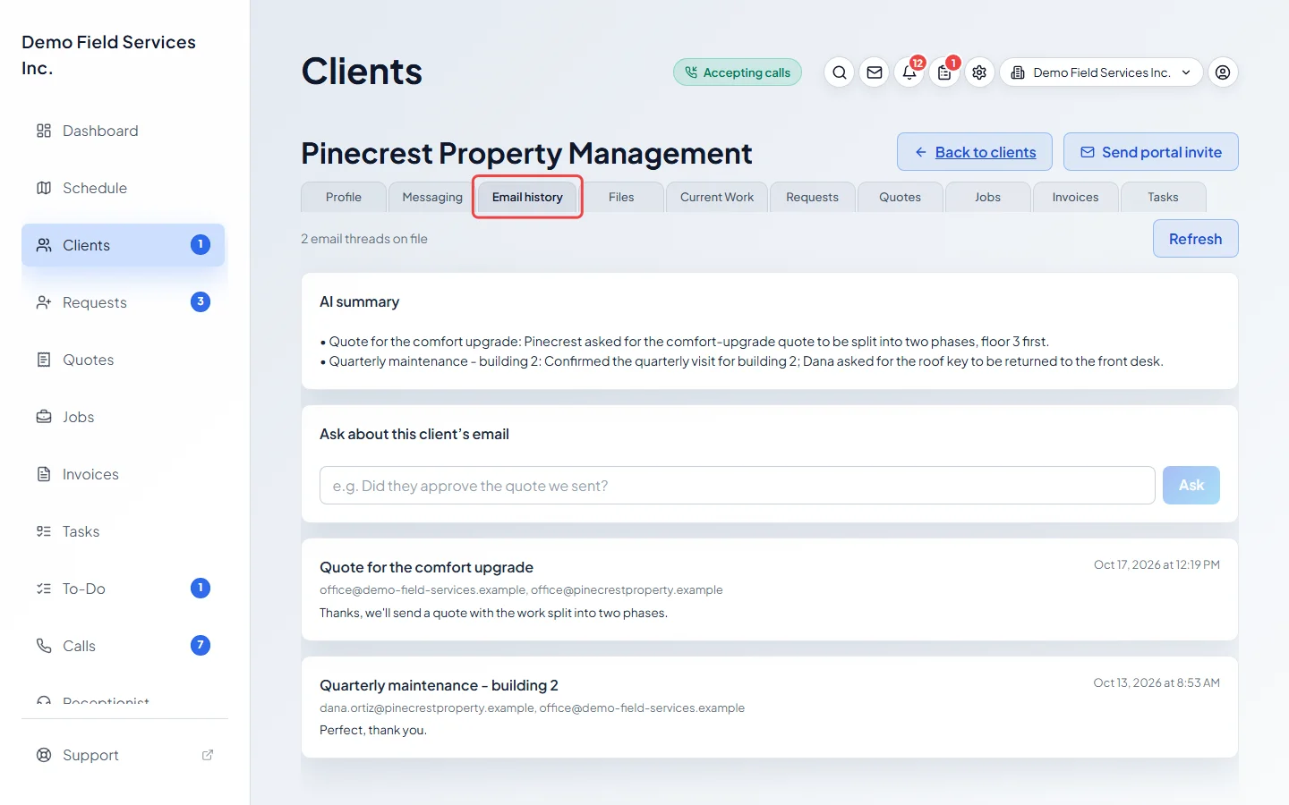 The Email history tab listing a client's email threads