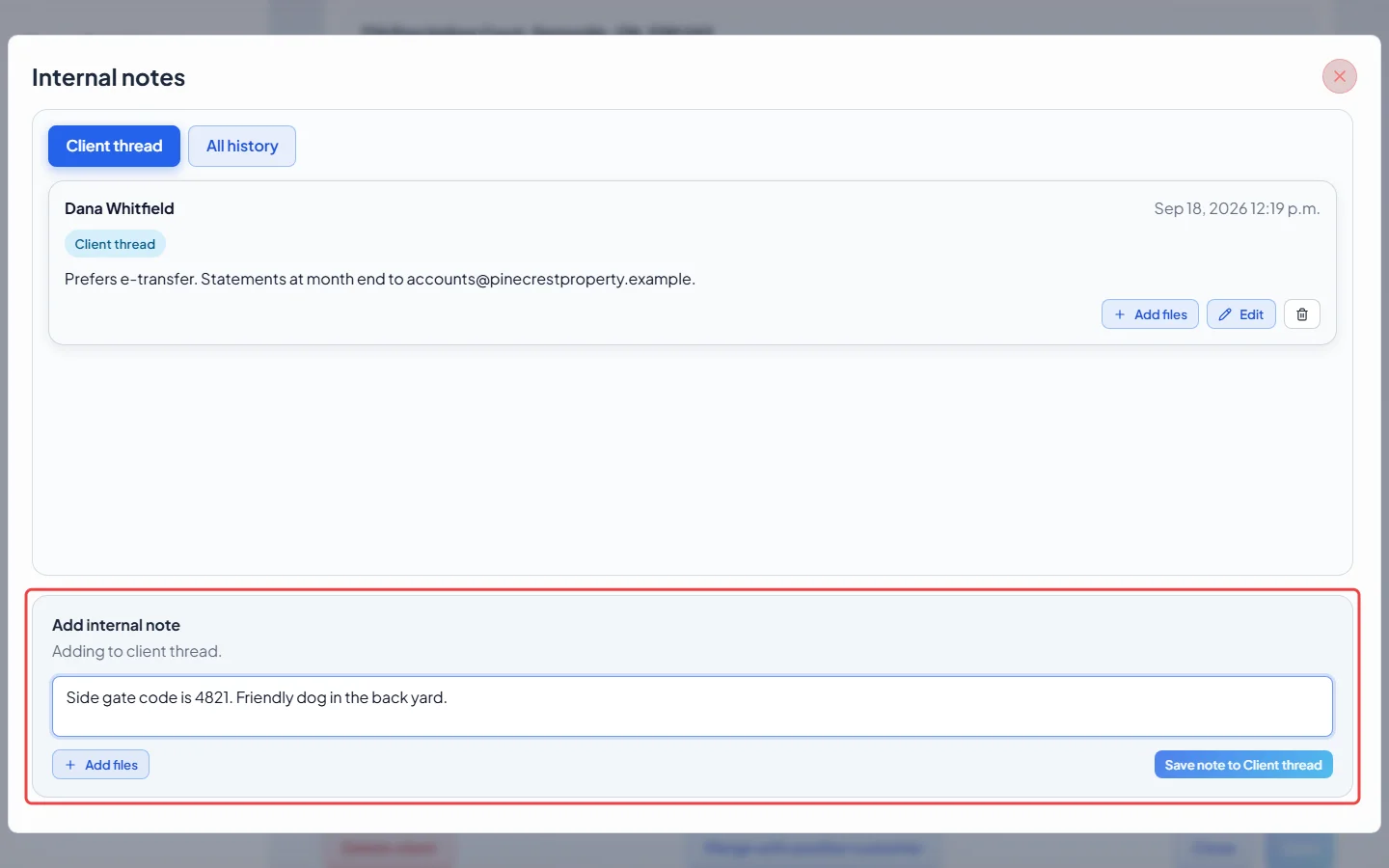 A new internal note typed into the note box