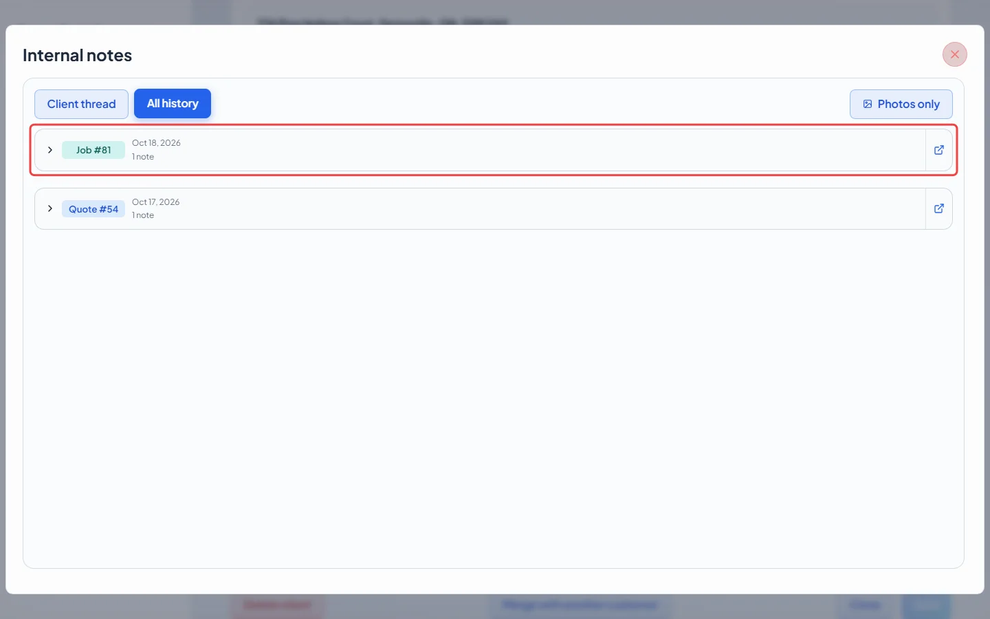 The All history tab grouping notes by record