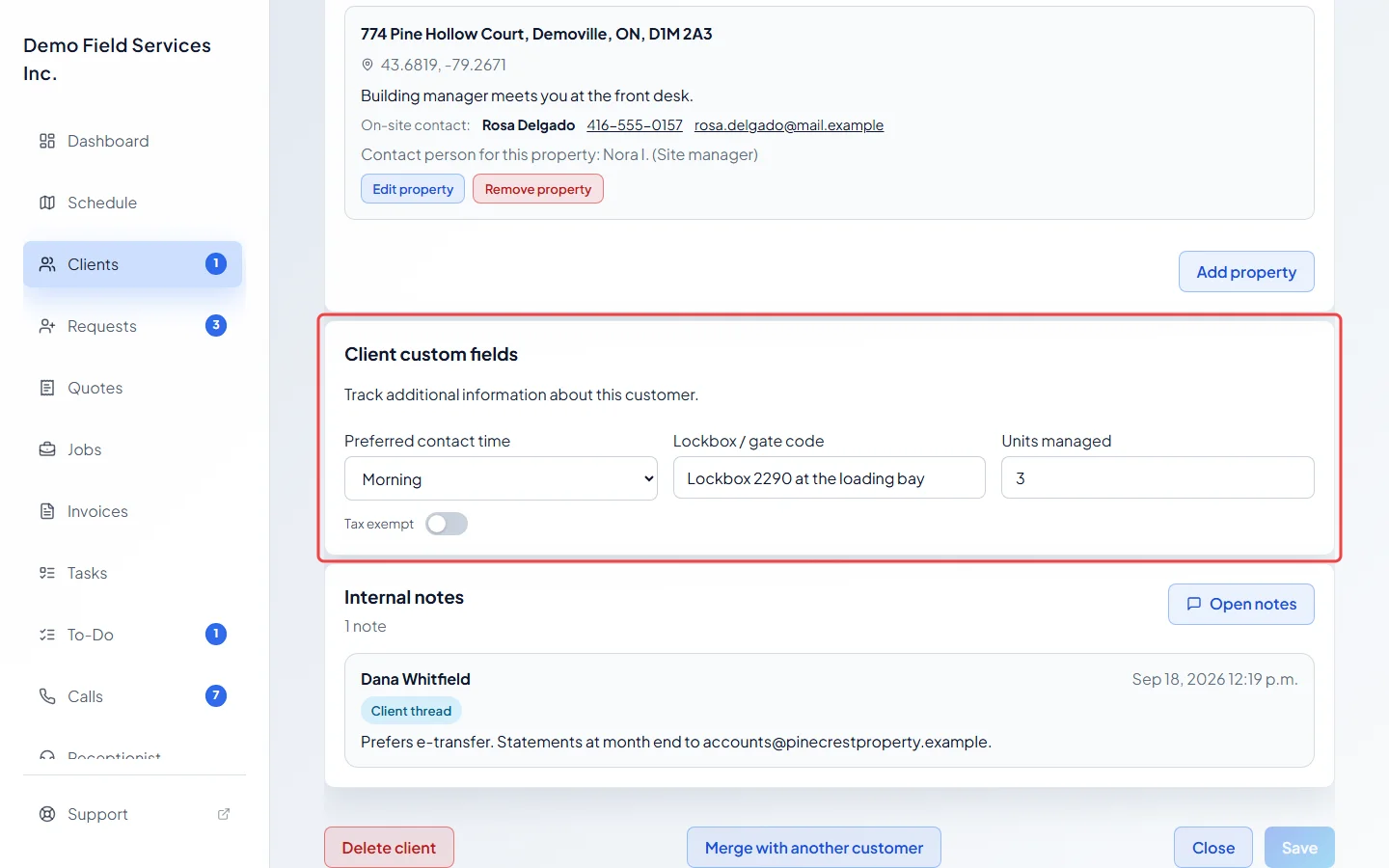 The Client custom fields card on a client's Profile tab