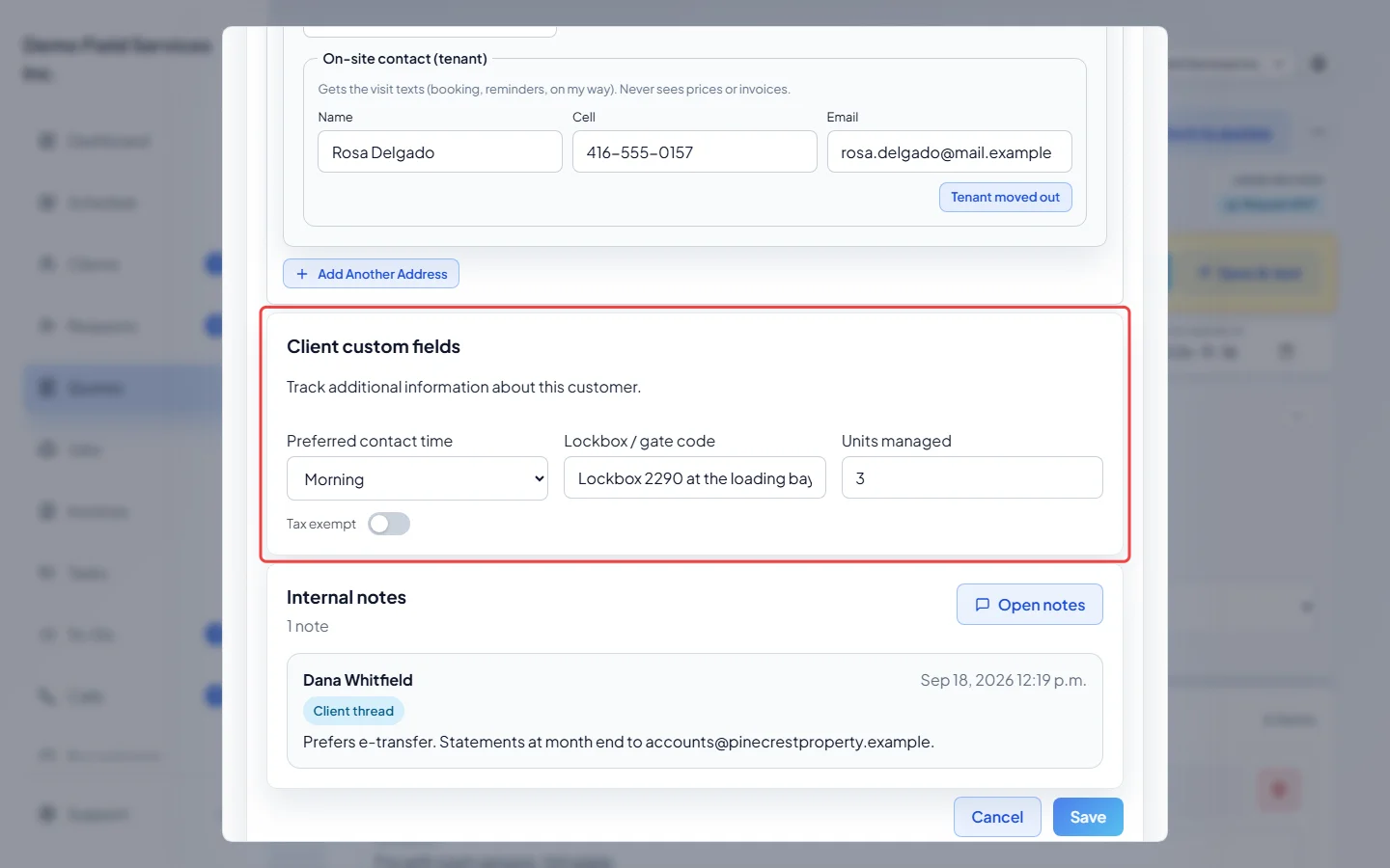 The Client custom fields section in the Edit client details window