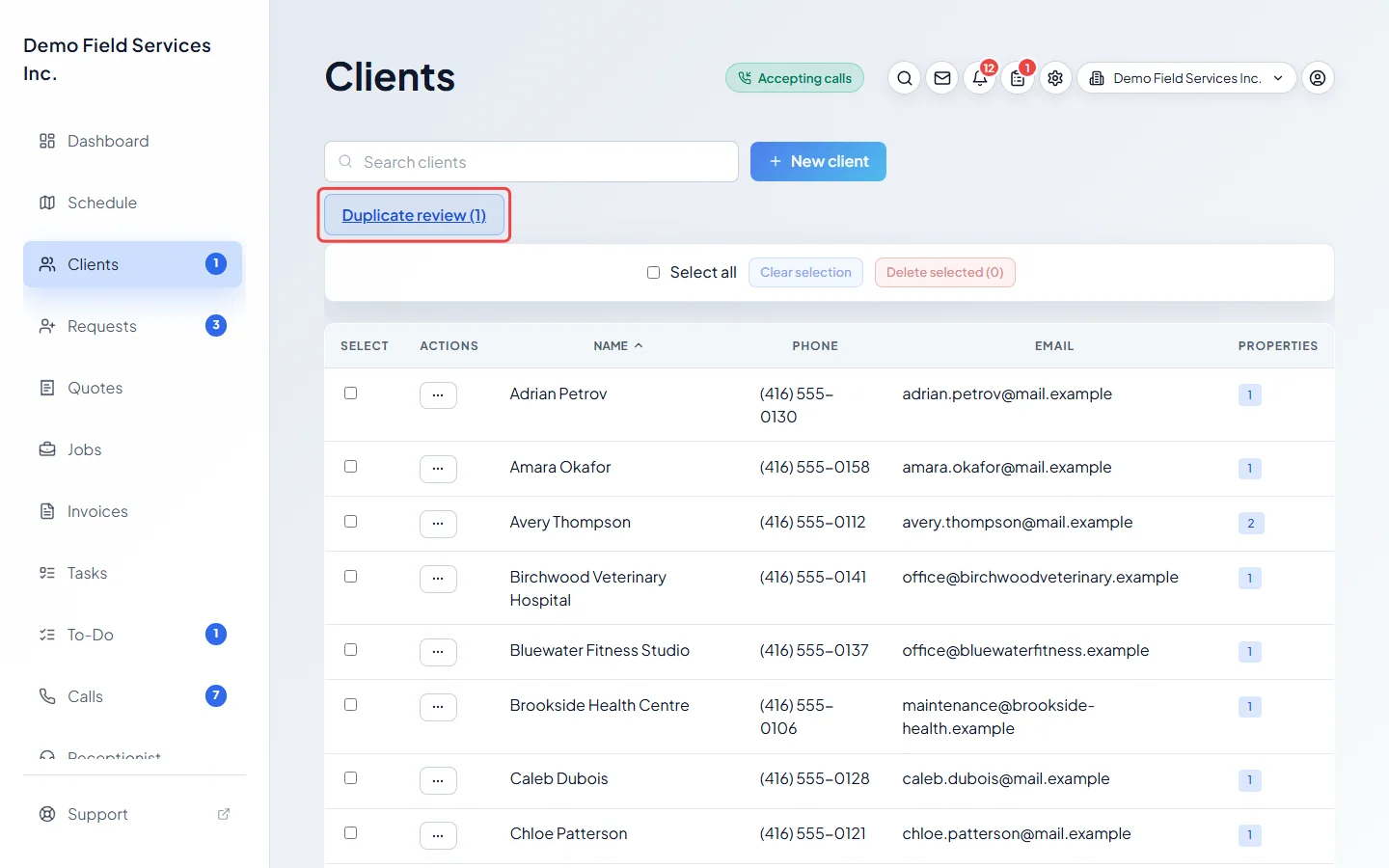 The Duplicate review button on the clients list