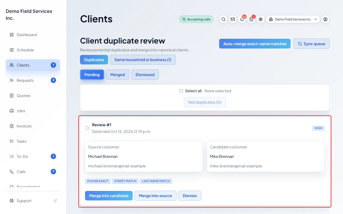 A pair of possible duplicate clients with their match reasons