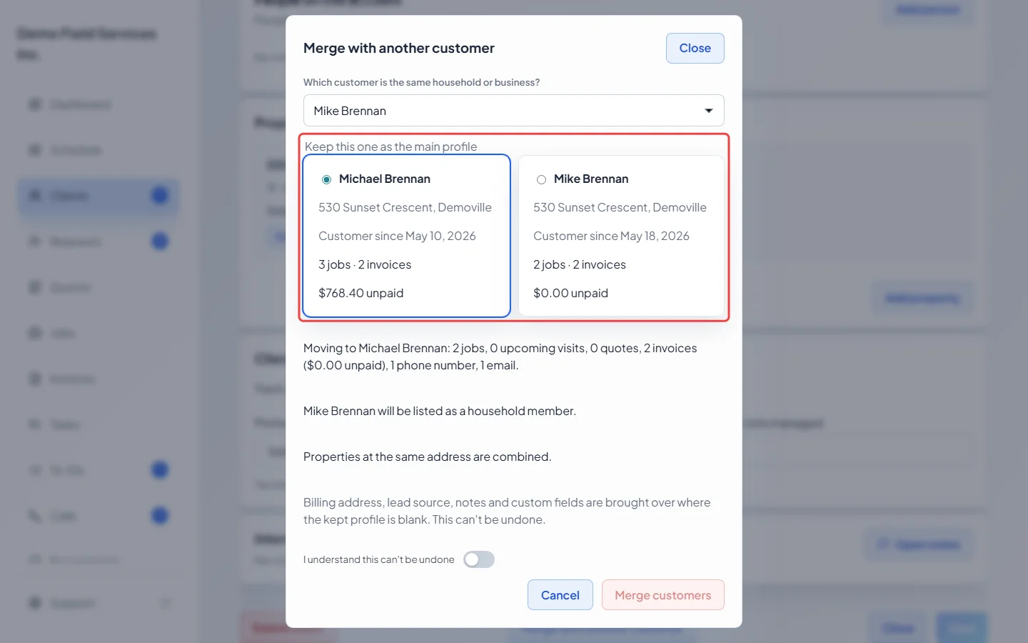 The Merge with another customer window with both clients shown