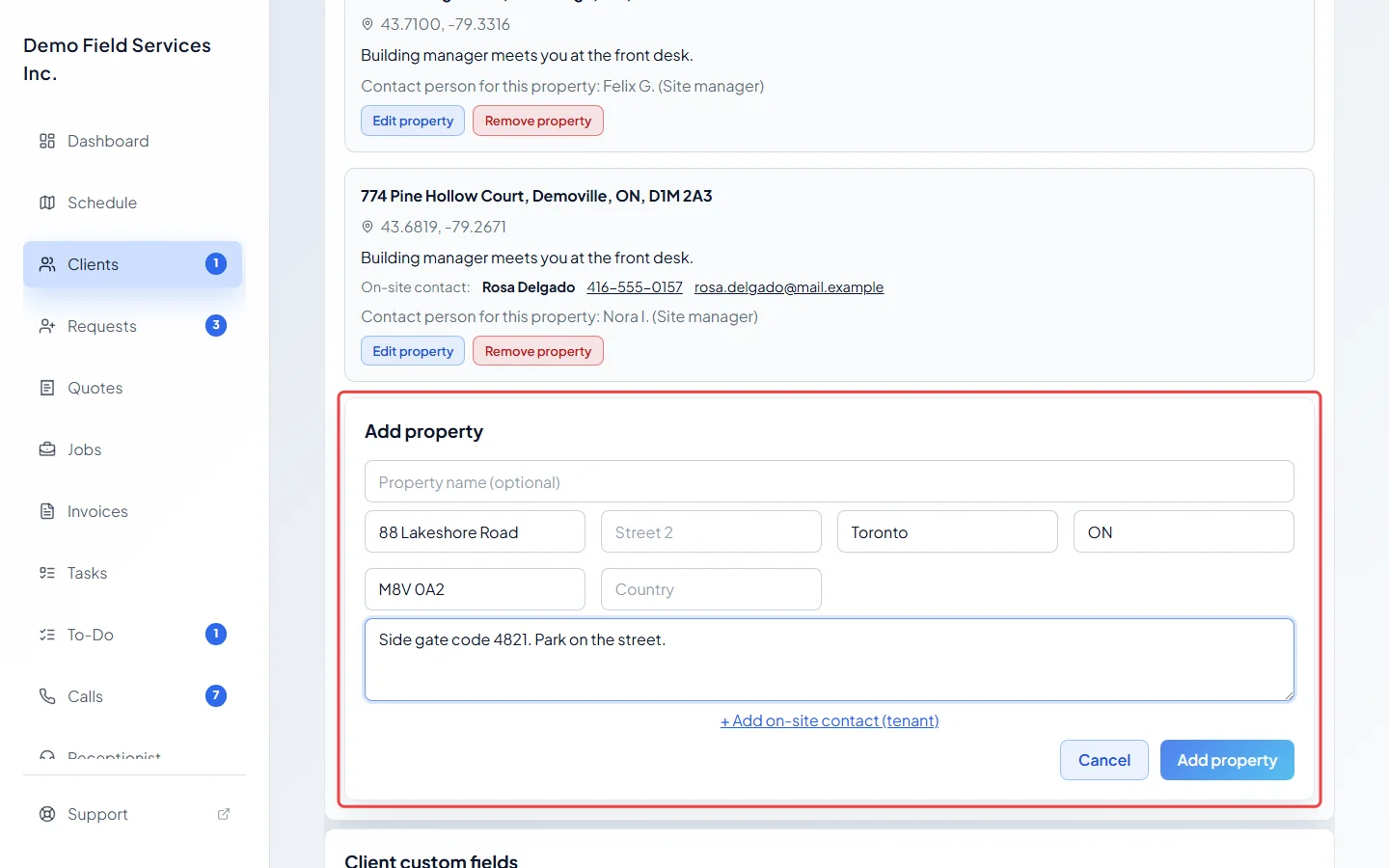 The Add property form filled in with a new address