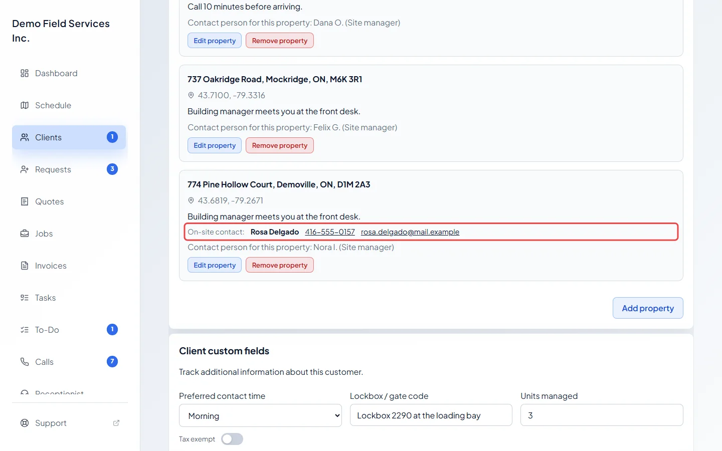 A property on the client page showing its on-site contact
