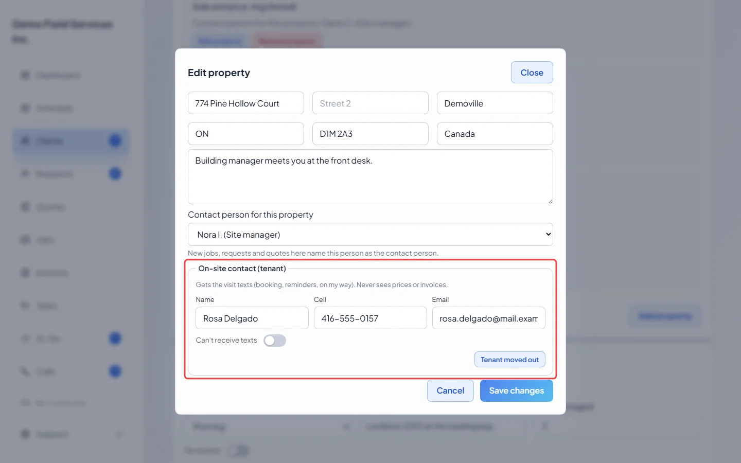 The On-site contact (tenant) section in the Edit property window