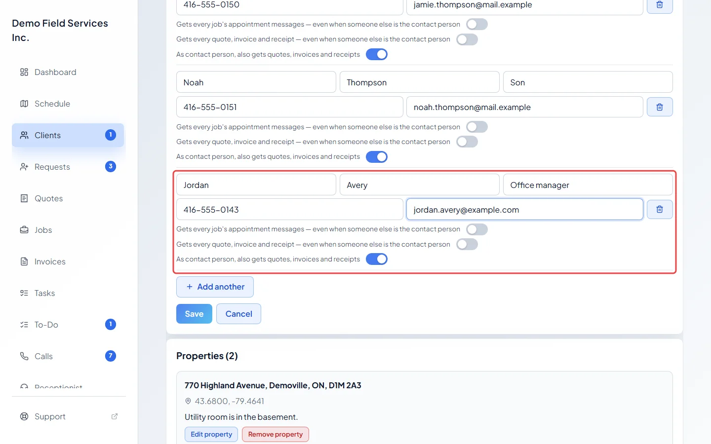 A new person's name, label, phone and email filled in