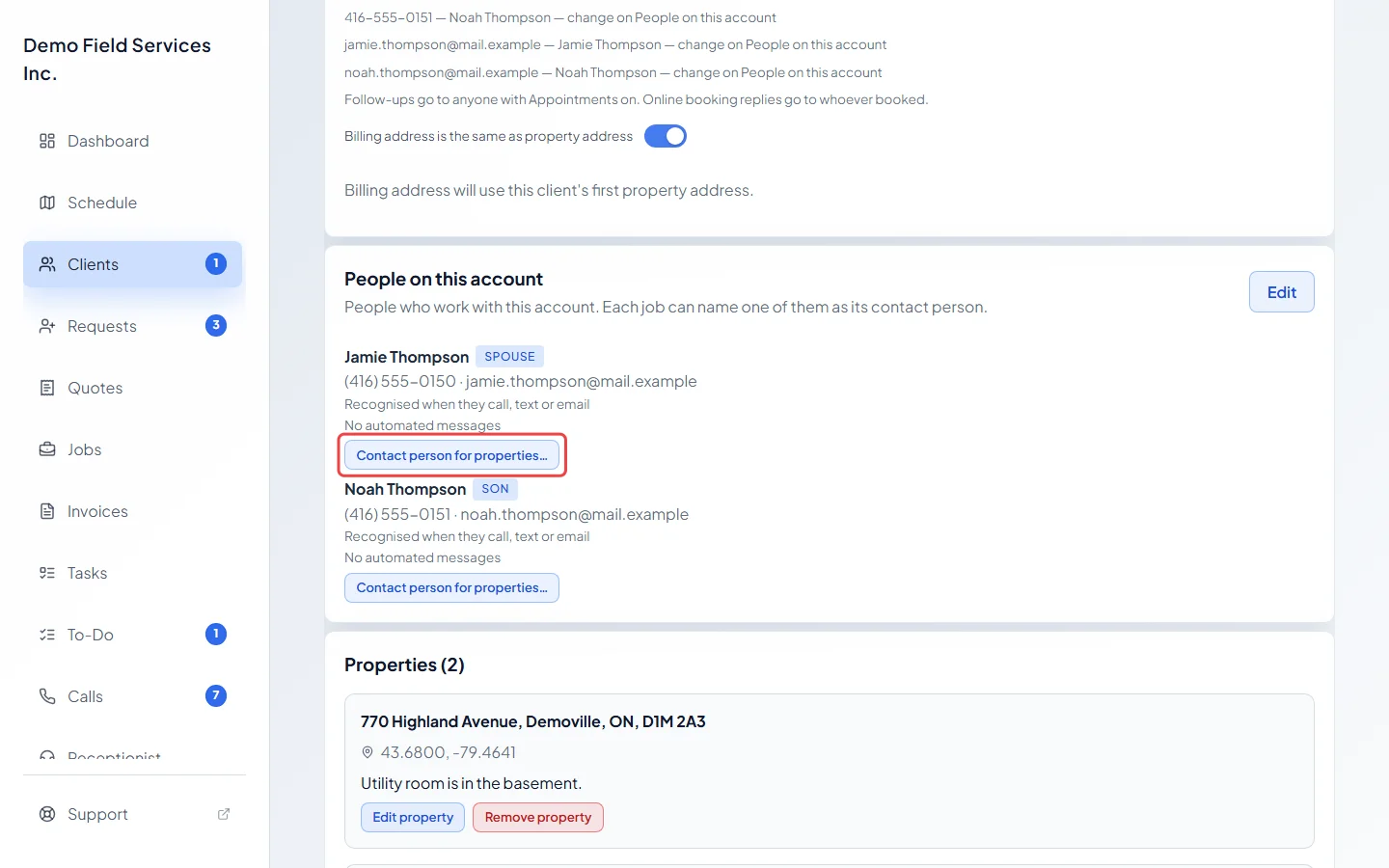 The Contact person for properties button under a person