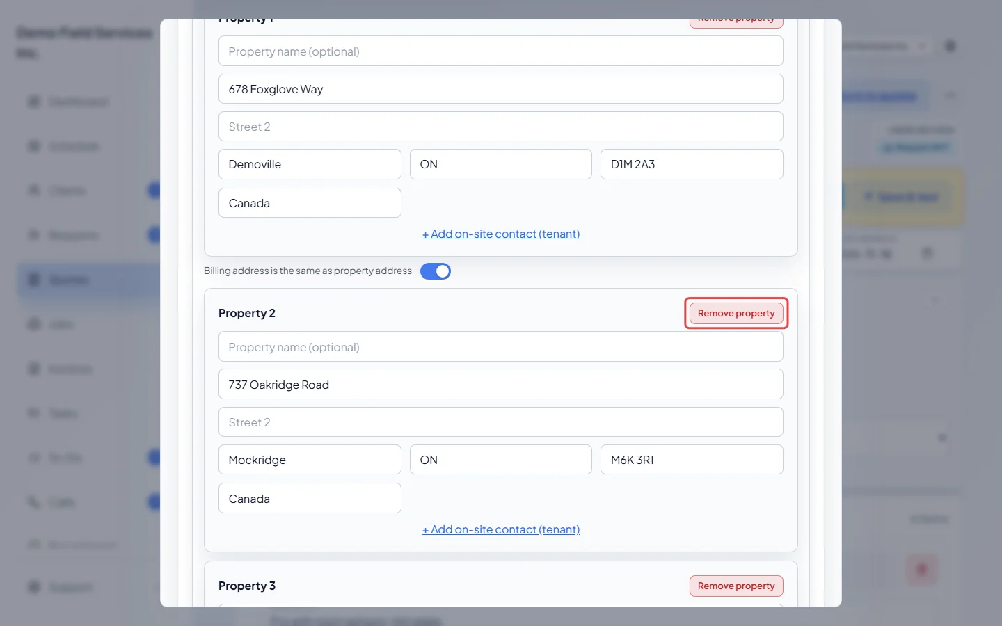 The Remove property button on one of the client's properties