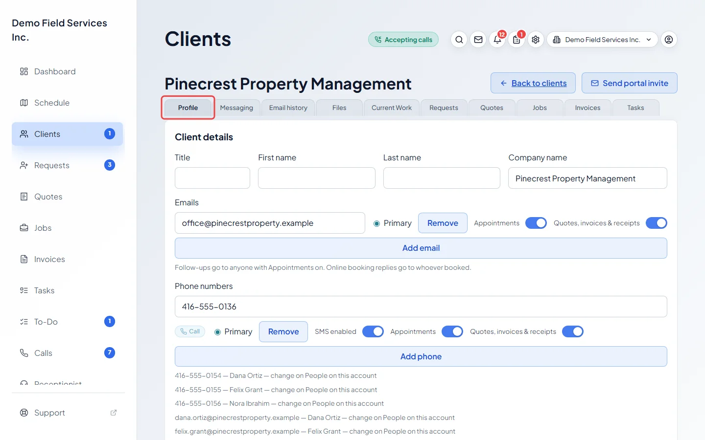 A client's details page open on the Profile tab