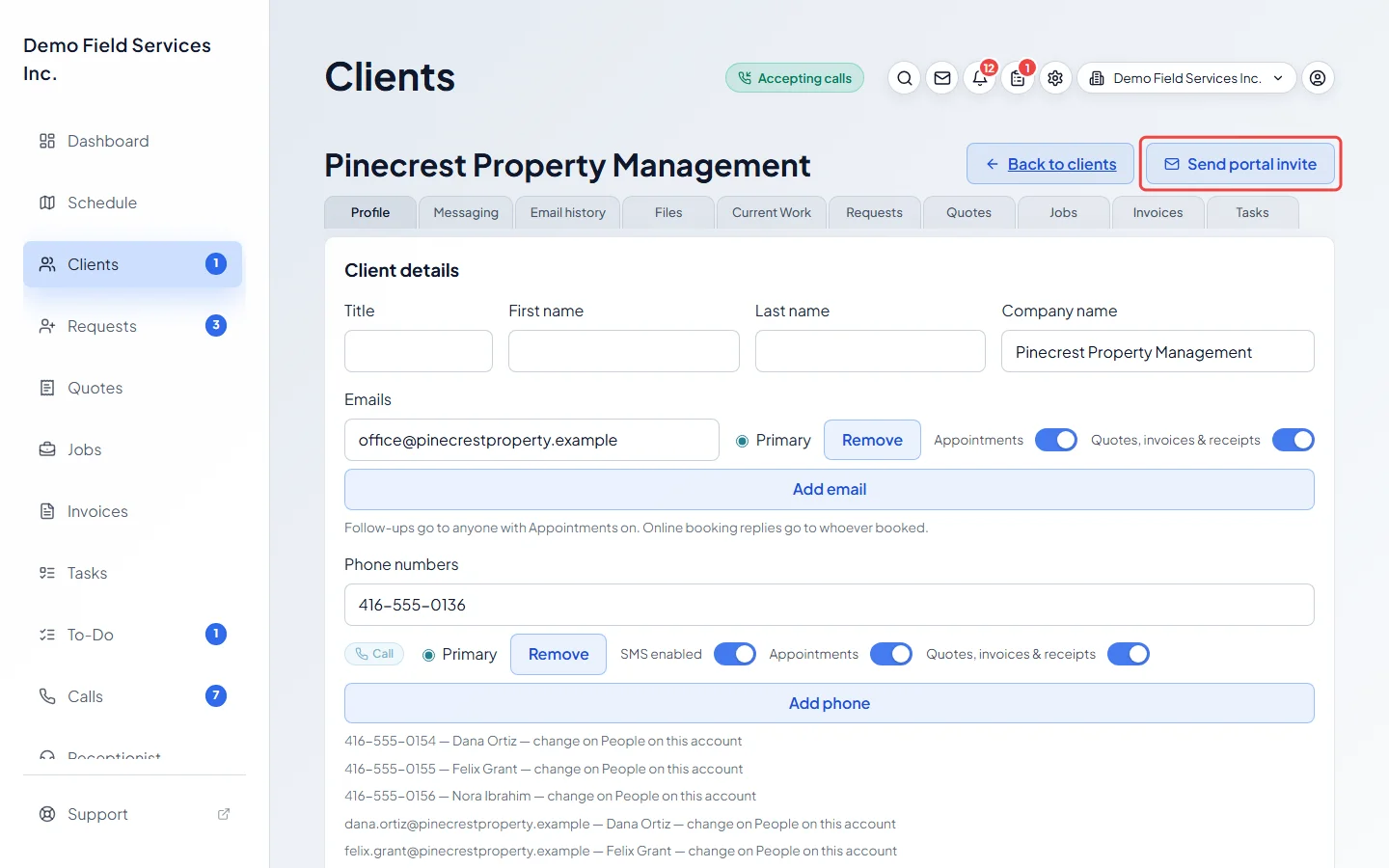 The top of the client page with the Send portal invite button