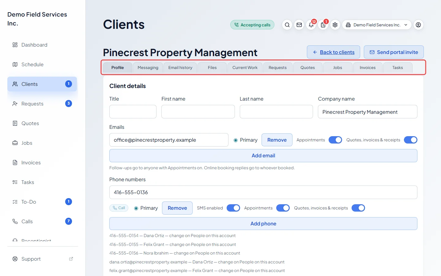 The row of tabs on the client page