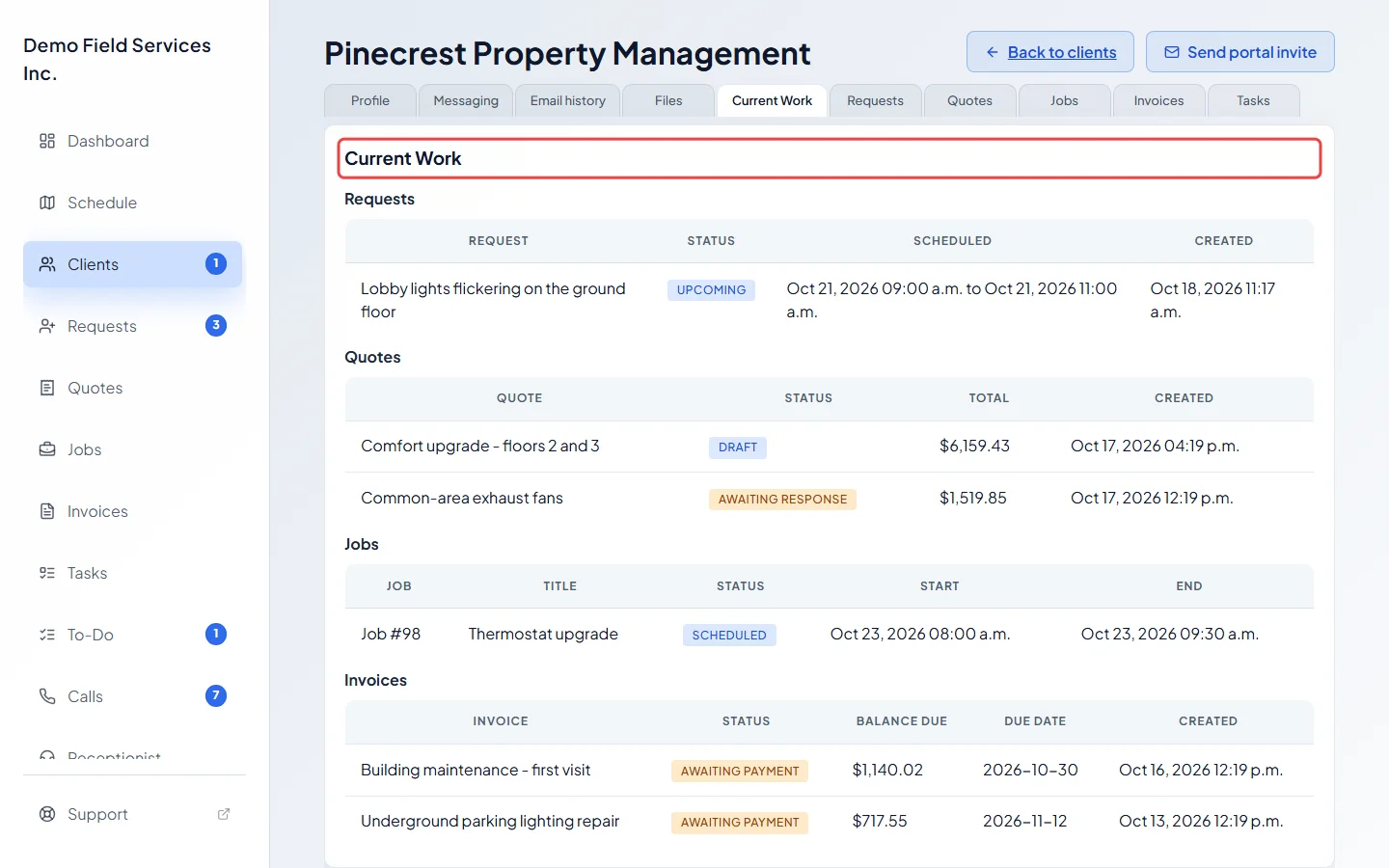 The Current Work tab listing open requests, quotes, jobs and invoices