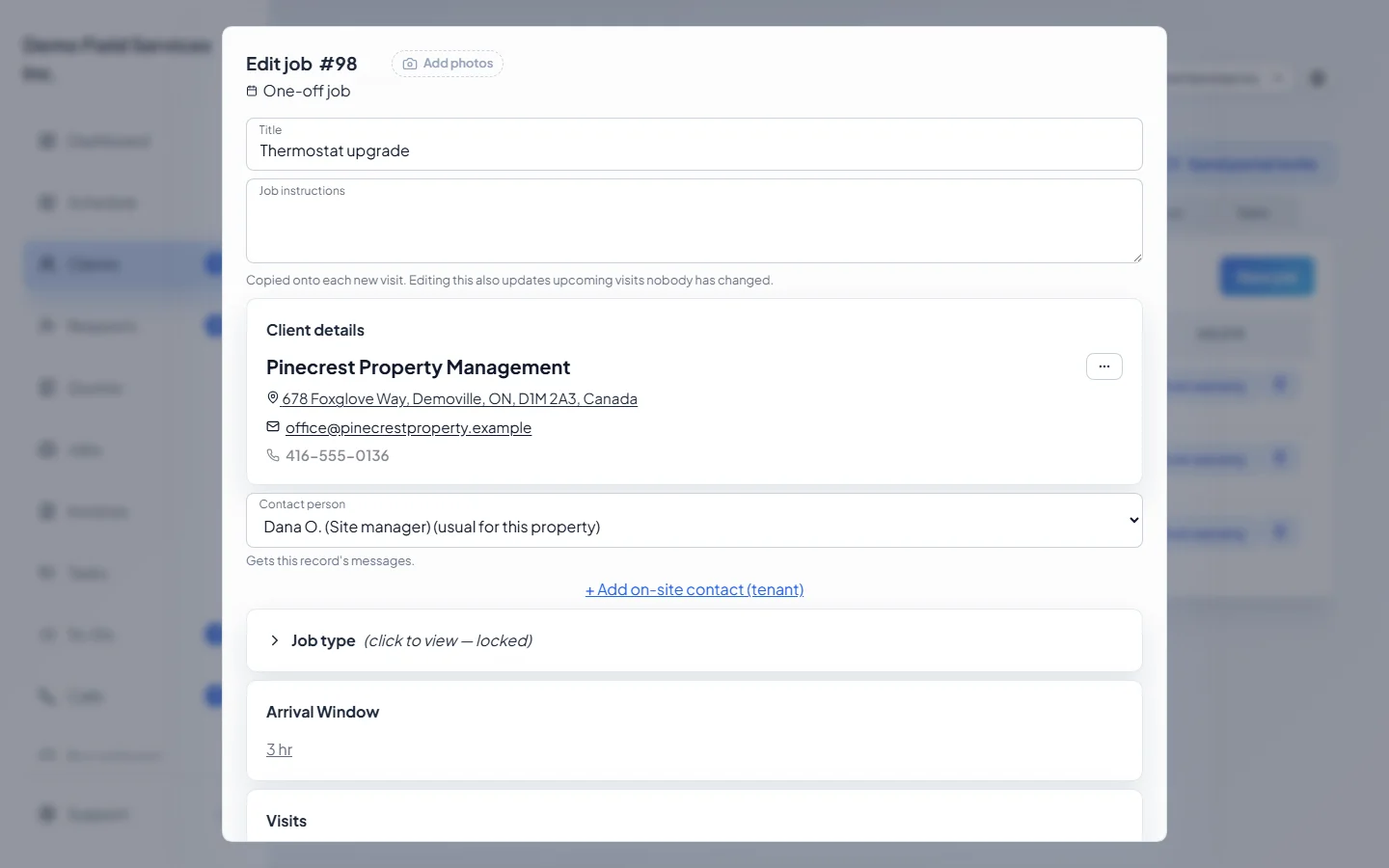 A job opened from the client's Jobs tab
