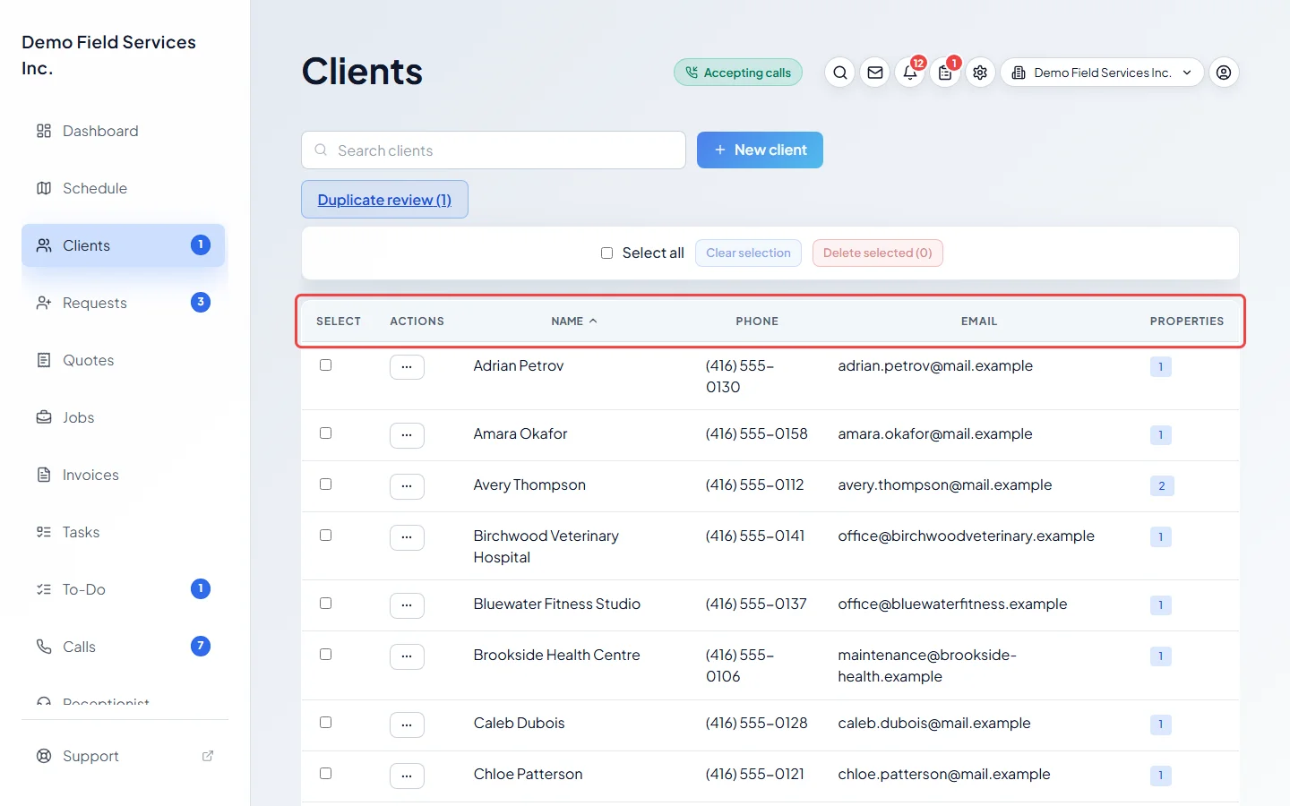 The clients list with names, phones, emails and property counts