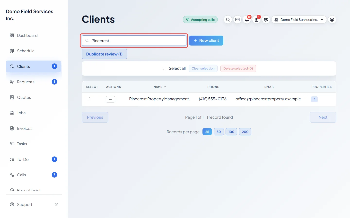 The clients list filtered by a search