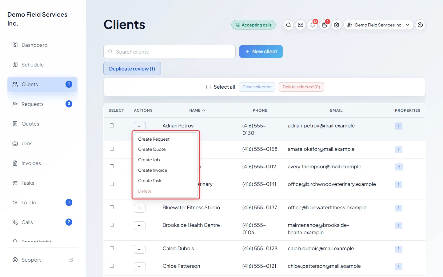 The row actions menu with Create Request, Create Quote, Create Job, Create Invoice and Create Task