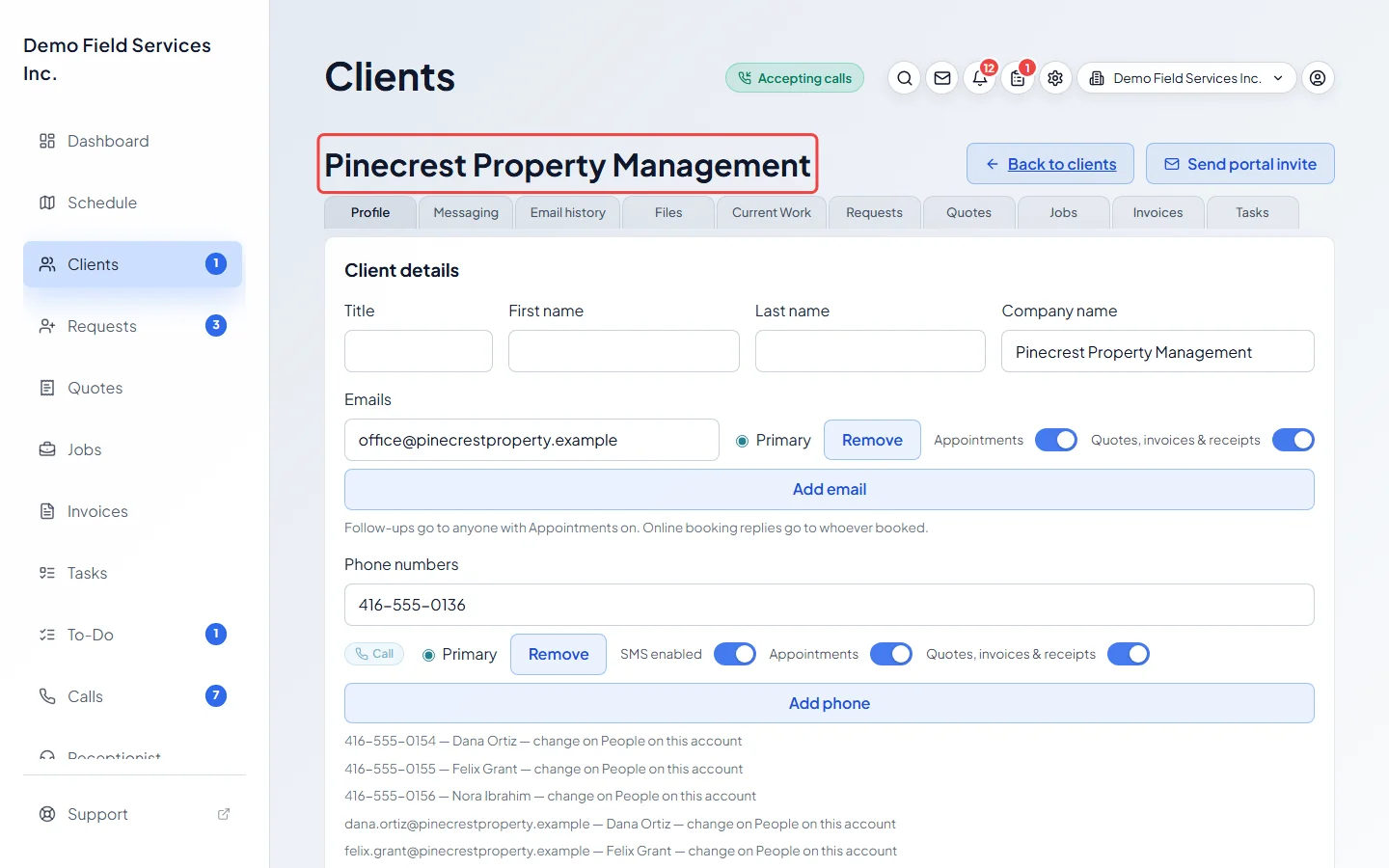 A client's details page opened from the list