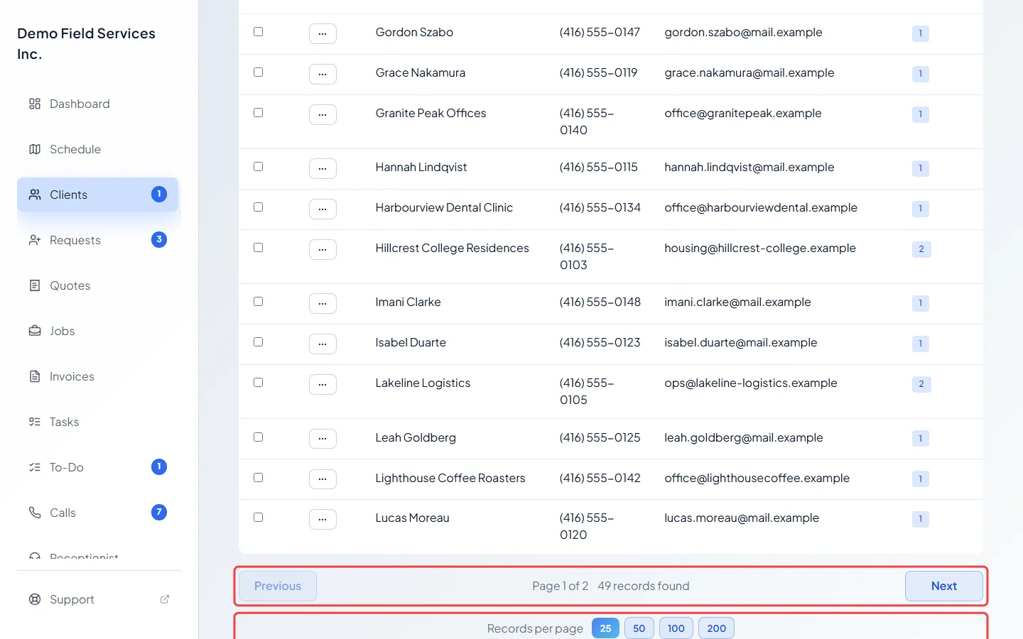 The page buttons and the Records per page choice