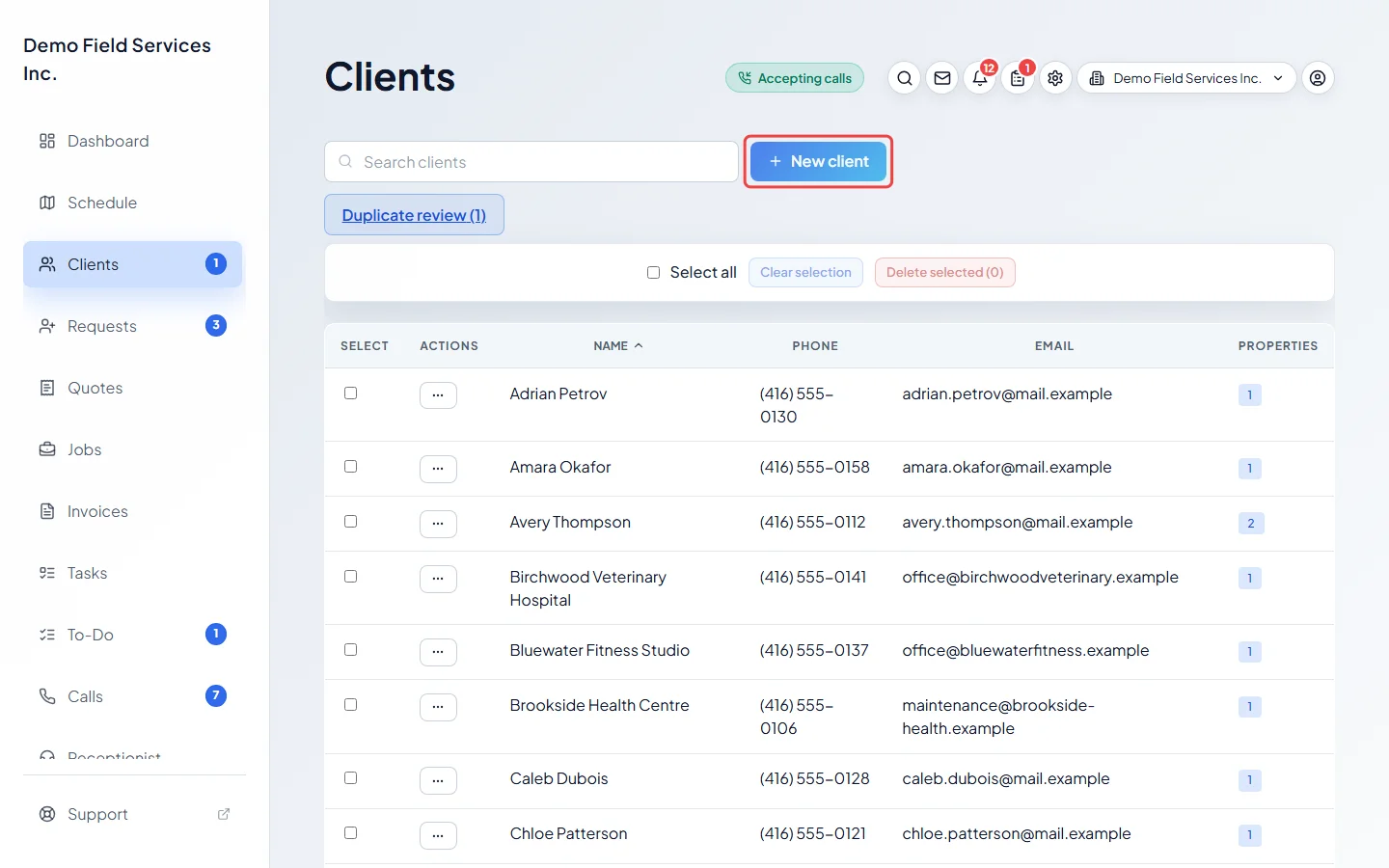 The clients list with the New client button highlighted