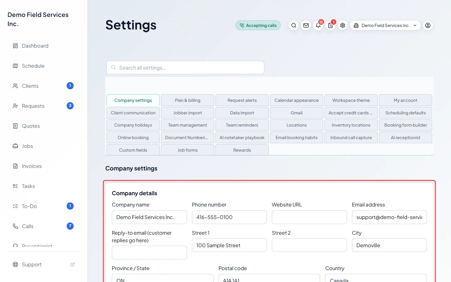 The Company settings section with the company details at the top