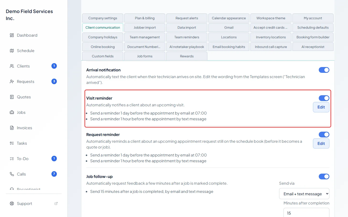 The Visit reminder automation in Client communication with its switch and Edit button