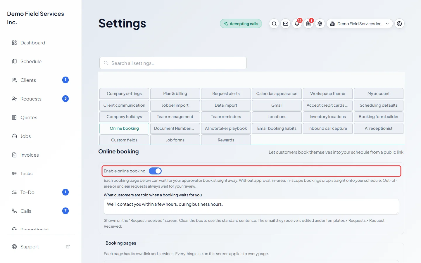 The Online booking section with the Enable online booking switch