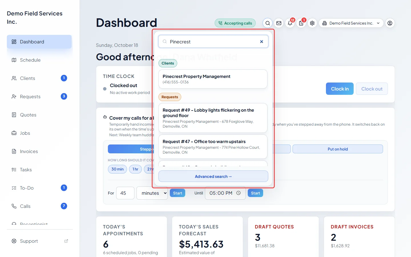 Search results for a client name grouped into Clients and Requests