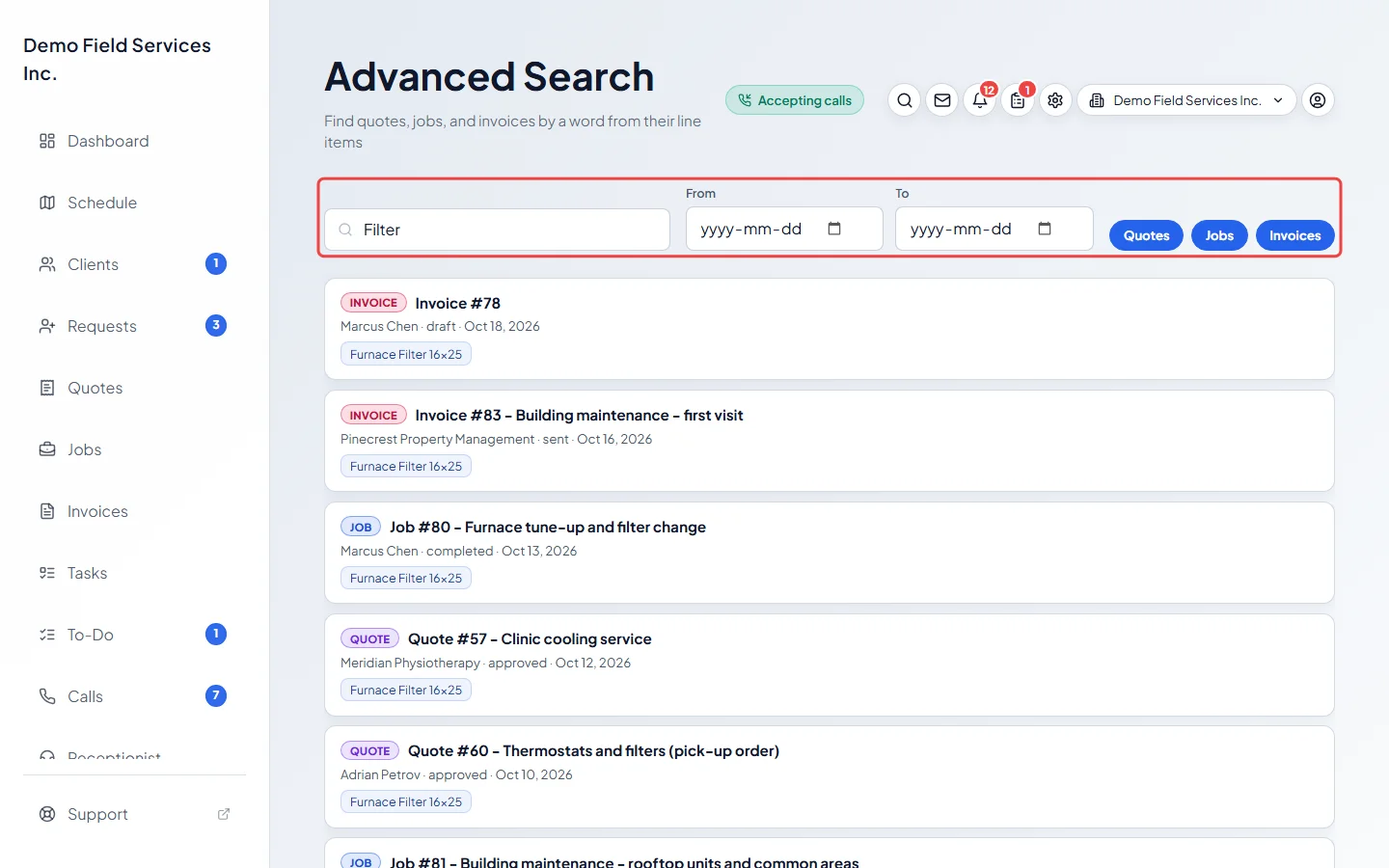 Advanced Search showing quotes, jobs and invoices that contain a product