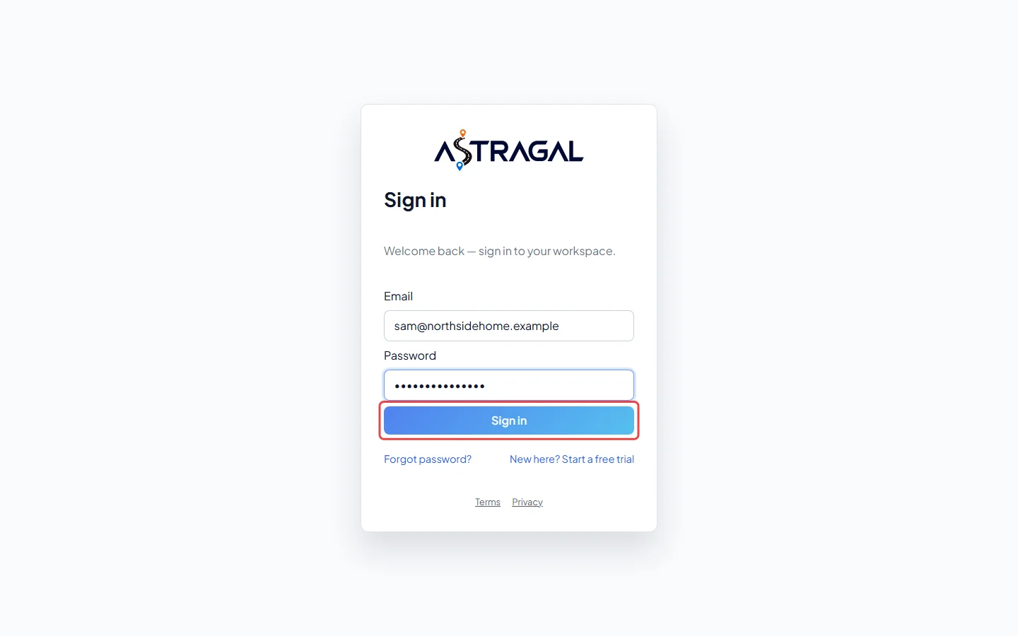The Sign in form filled in, with the Sign in button highlighted