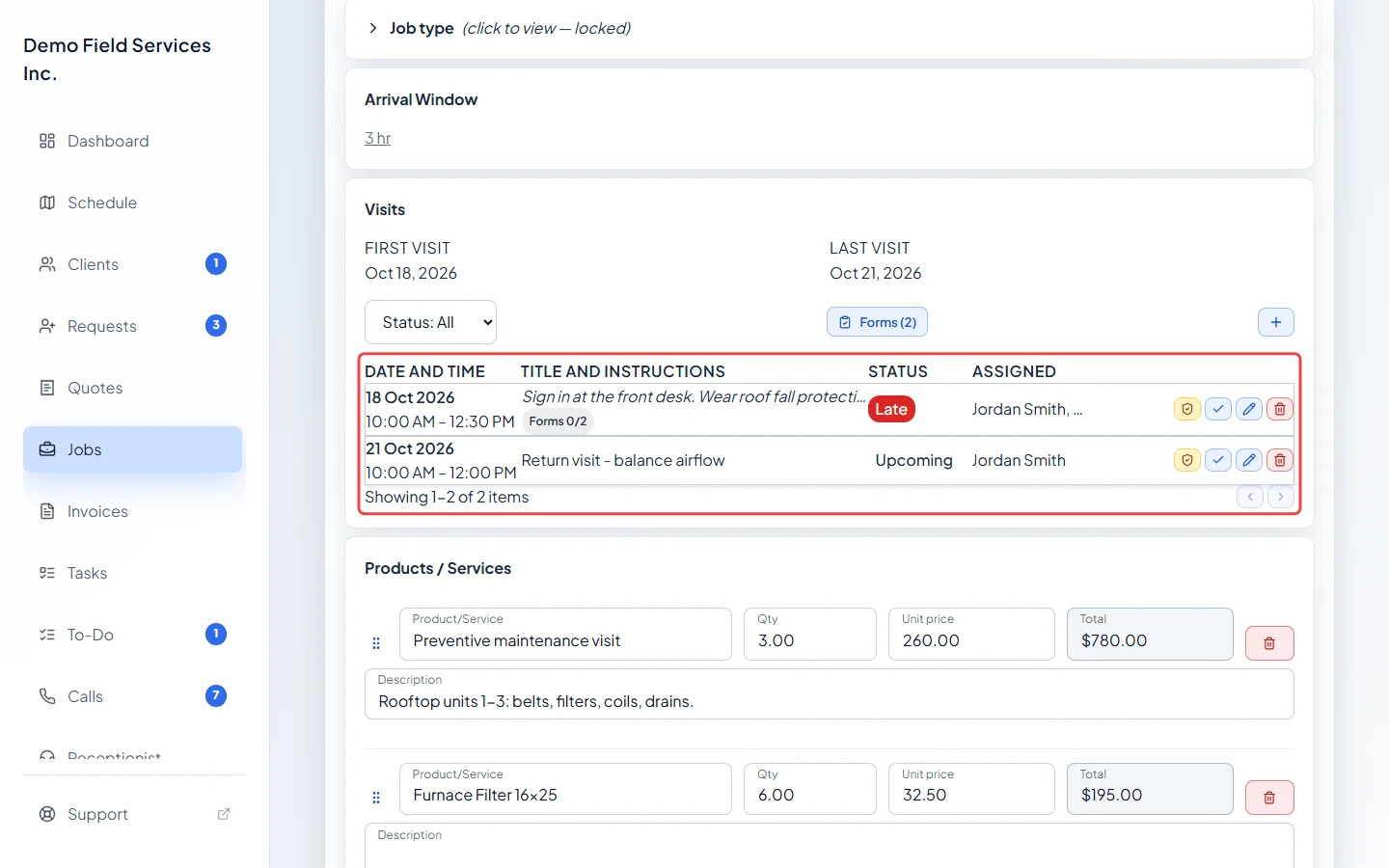A job page with its visits listed under the job