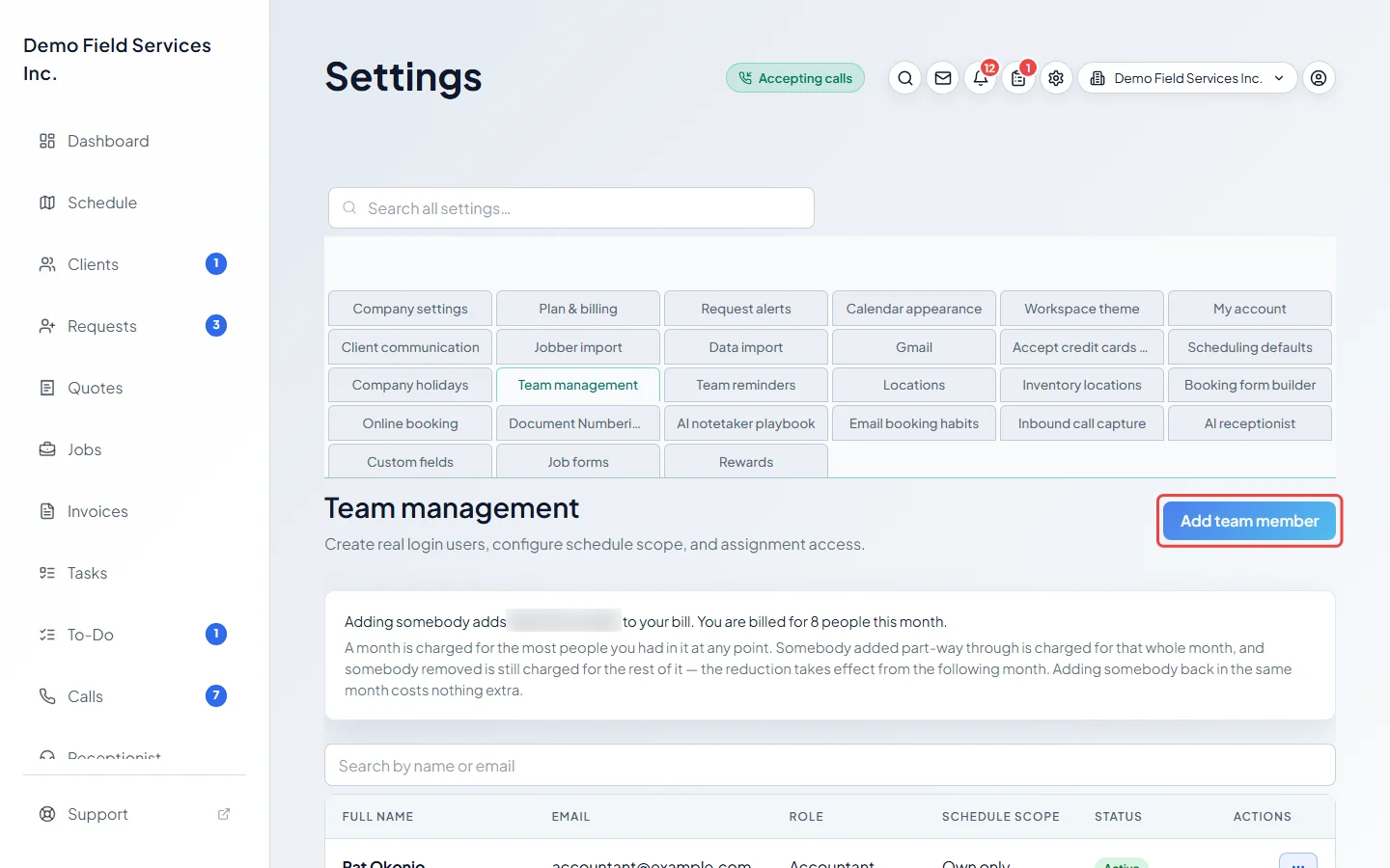 The team roster with the Add team member button highlighted