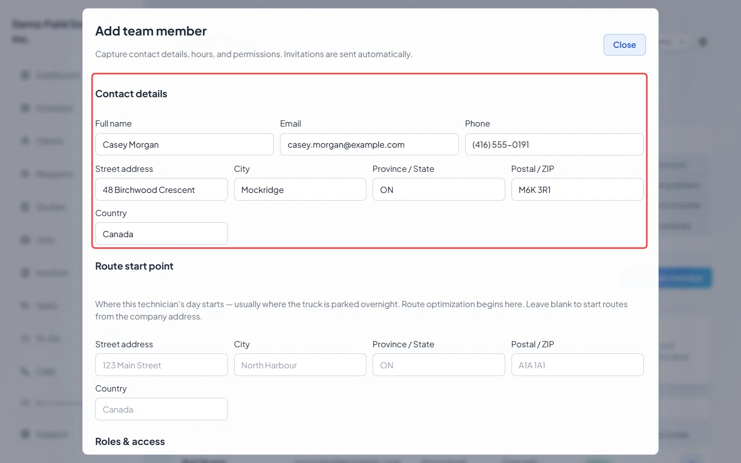 The Contact details section of the Add team member window filled in