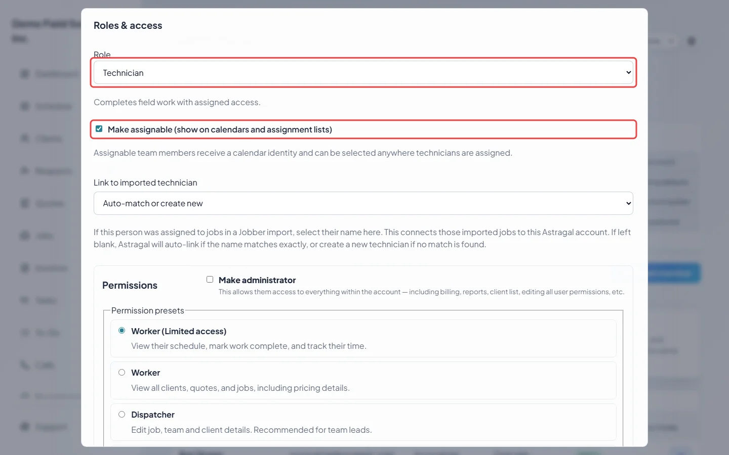 The Roles and access section with a role chosen