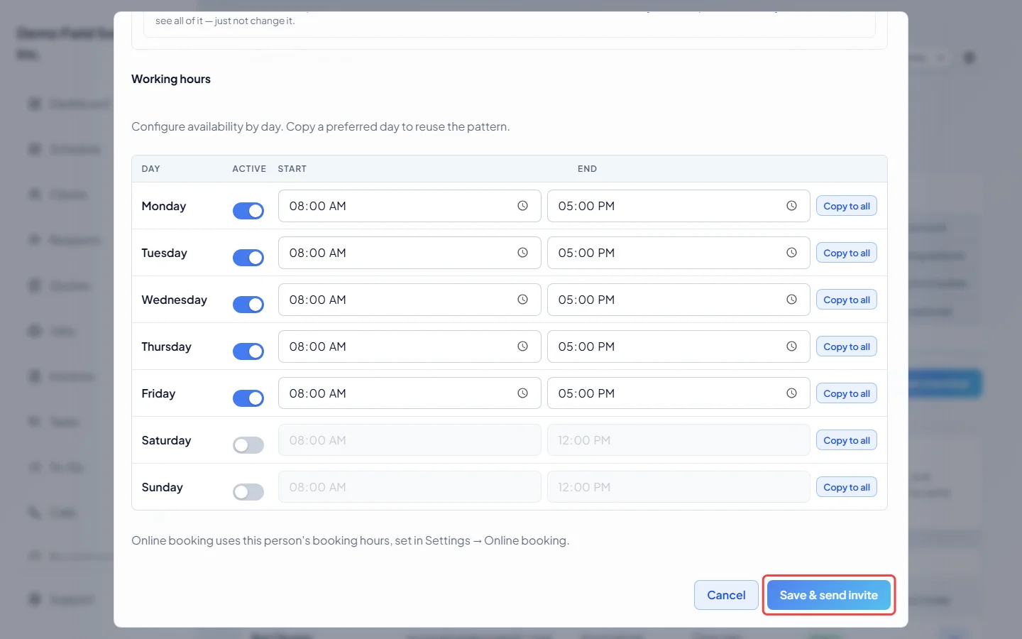 The working hours and the Save and send invite button