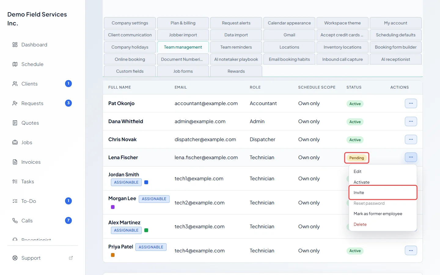 The actions menu on a team member's row with Invite highlighted