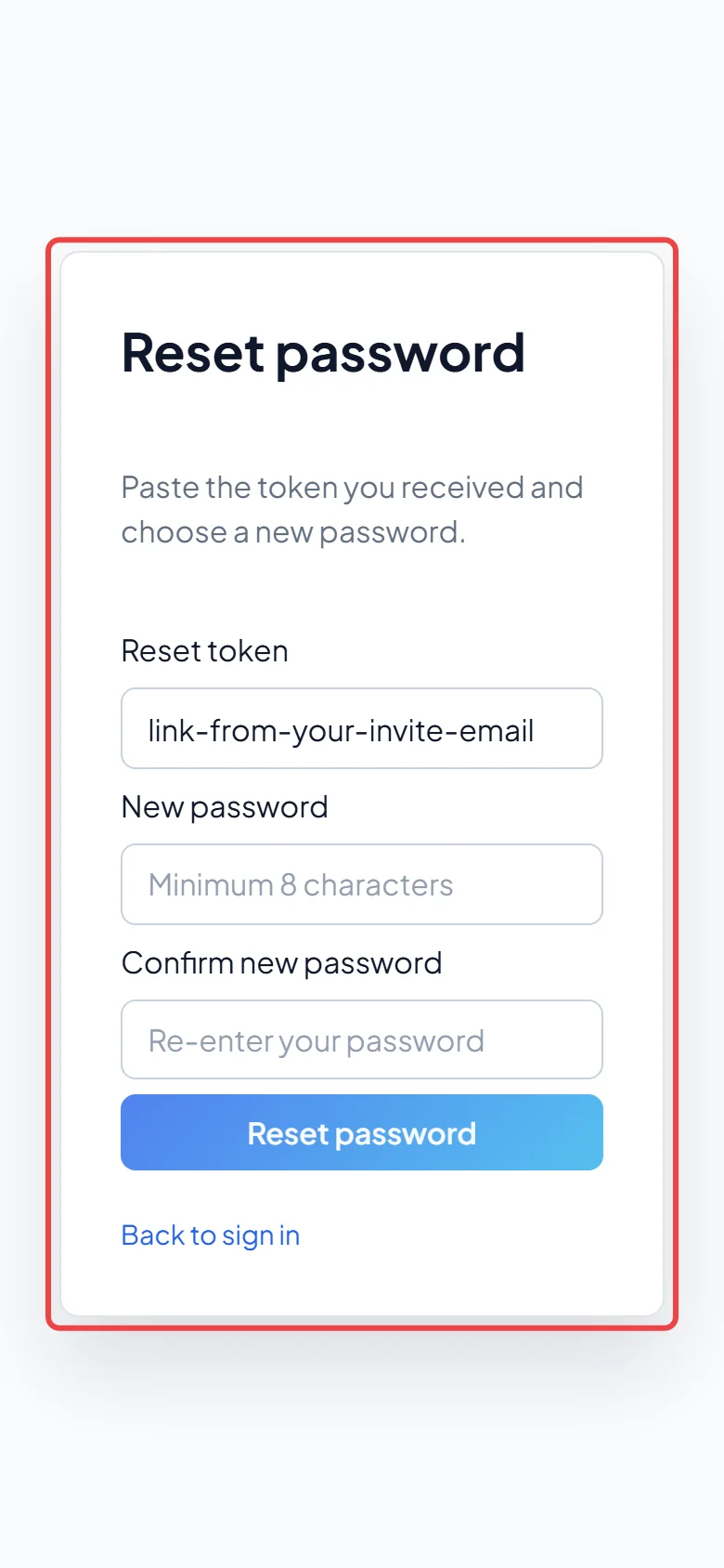 The Reset password page opened from the invite link on a phone