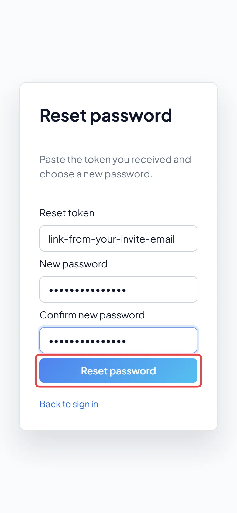 The new password typed in twice with the Reset password button highlighted