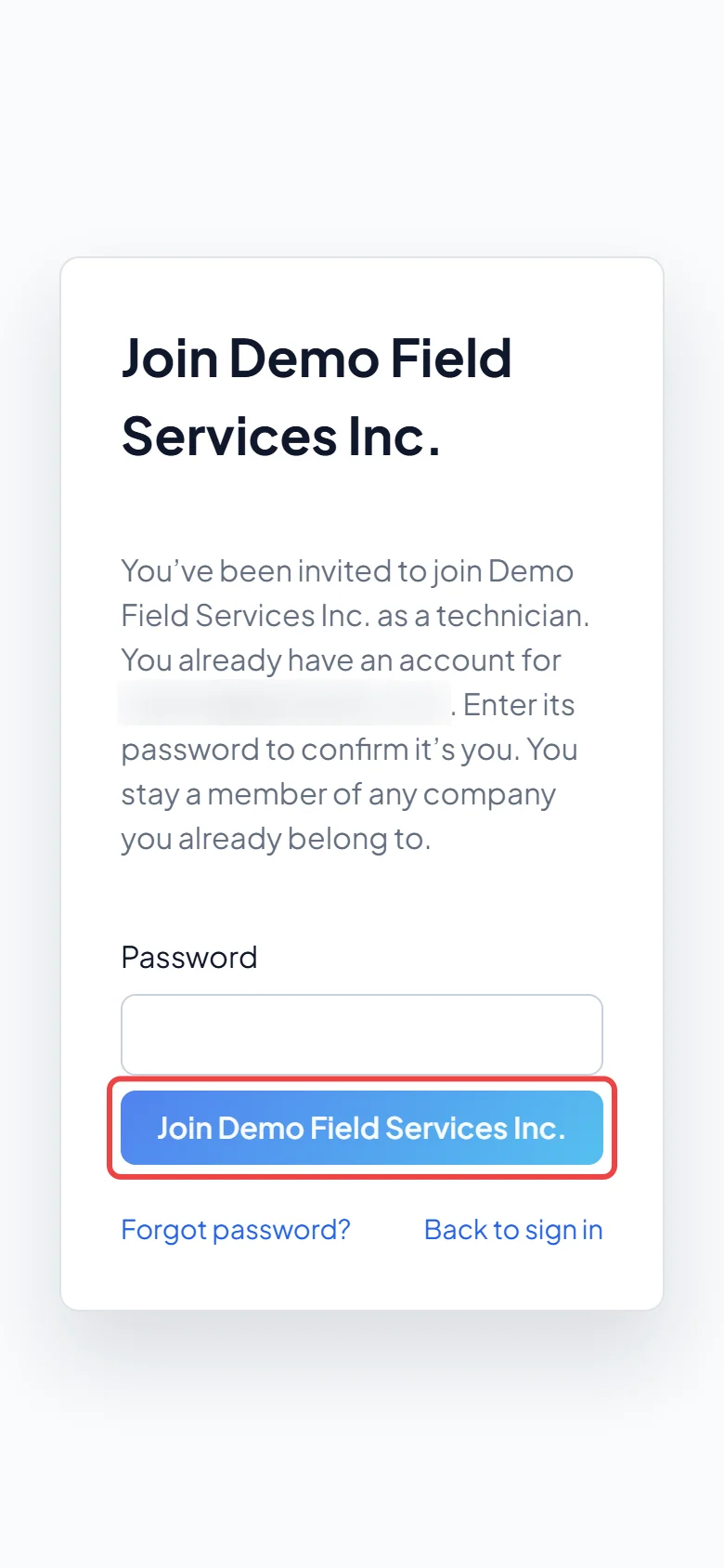 The page for joining a second company with an existing Astragal password