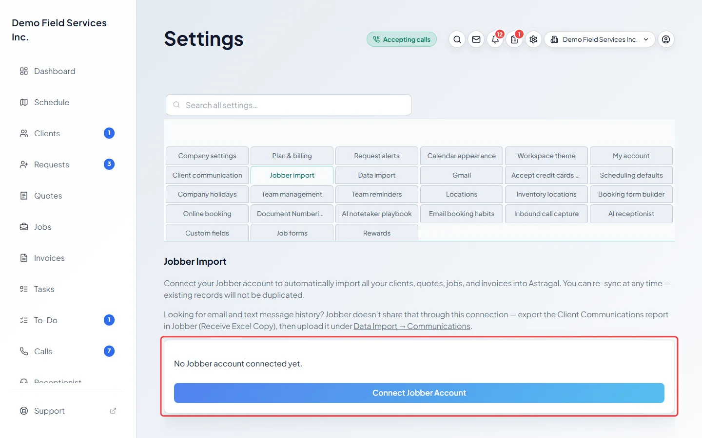 The Jobber import section with the Connect Jobber Account button